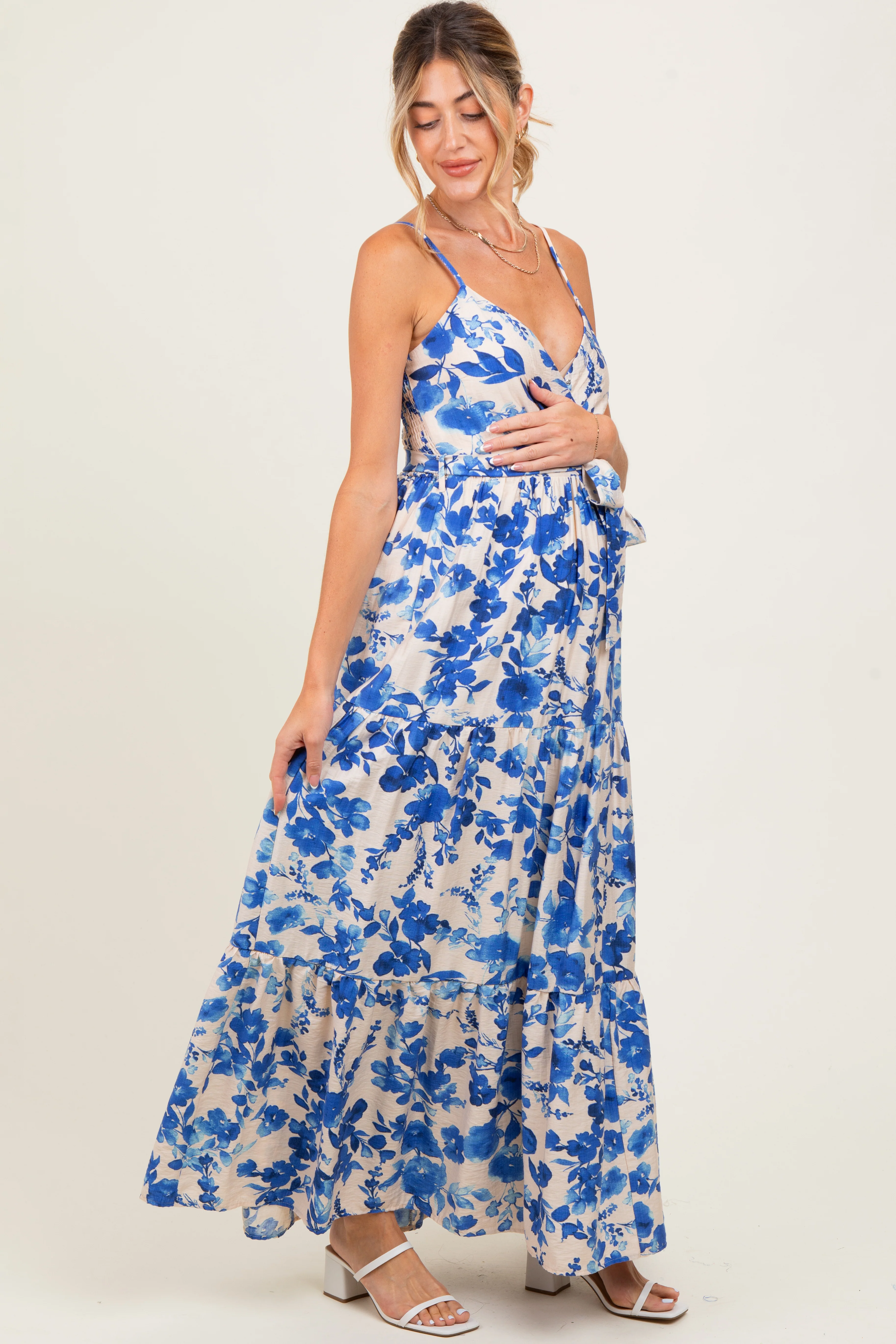 Blue Floral Tiered Sleeveless Sash Tie Maternity Maxi Dress - Image 3