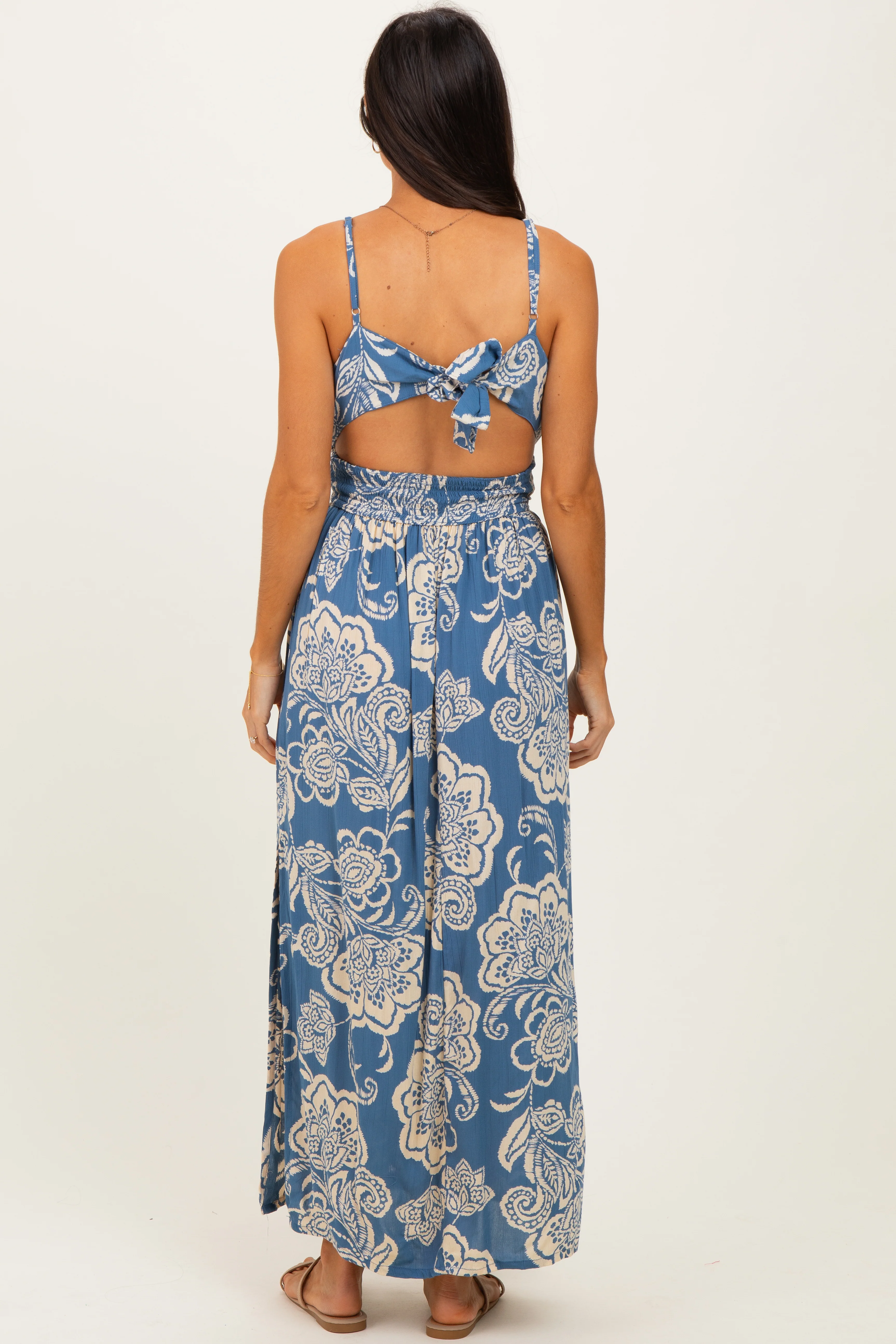 Blue Floral Twist Front Tie Back Maxi Dress - Image 4