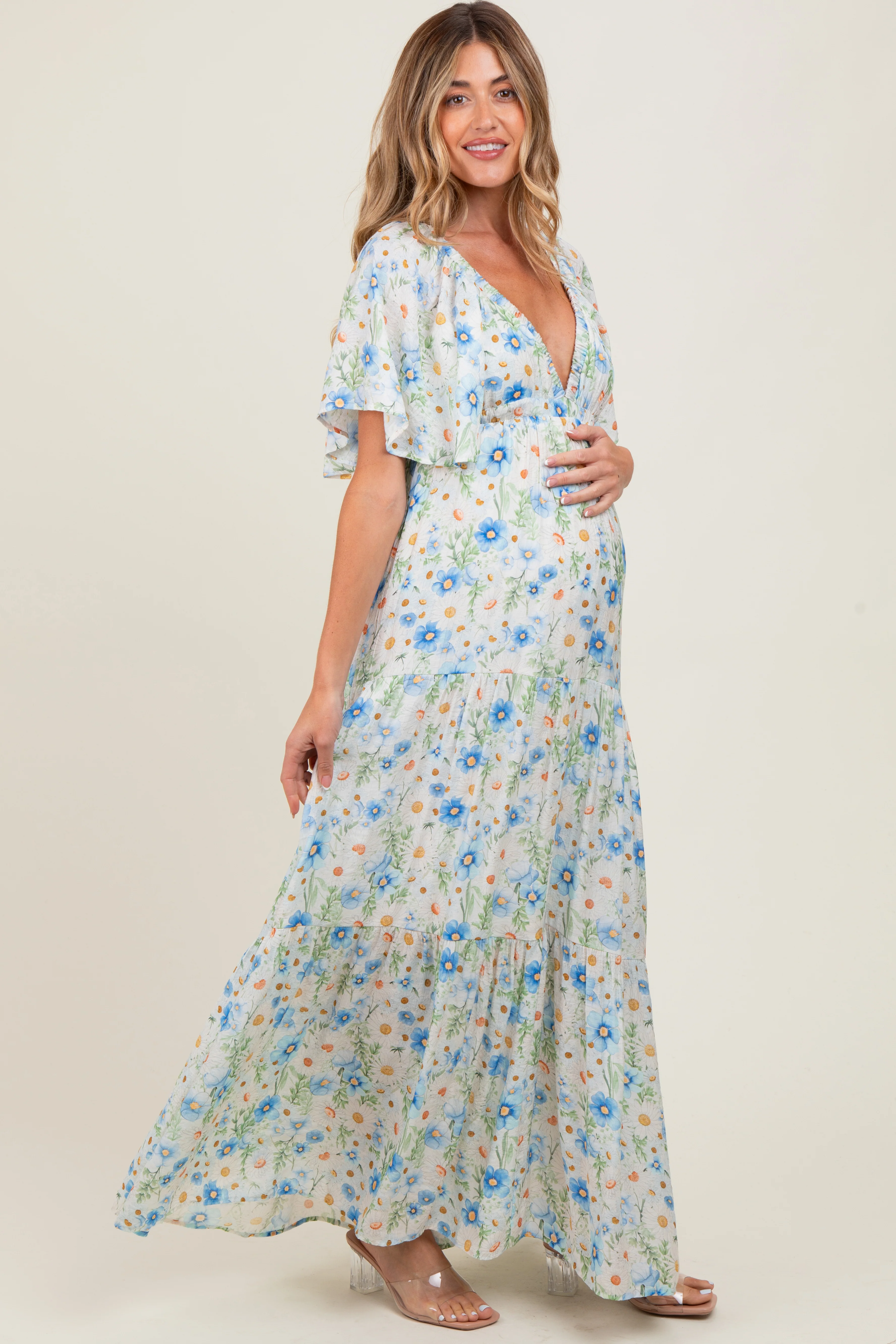 Blue Floral V-Neck Flowy Tiered Maternity Maxi Dress - Image 3