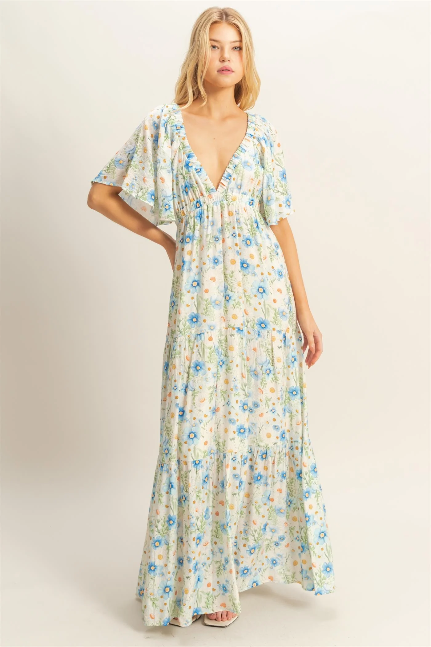 Blue Floral V-Neck Flowy Tiered Maternity Maxi Dress - Image 5