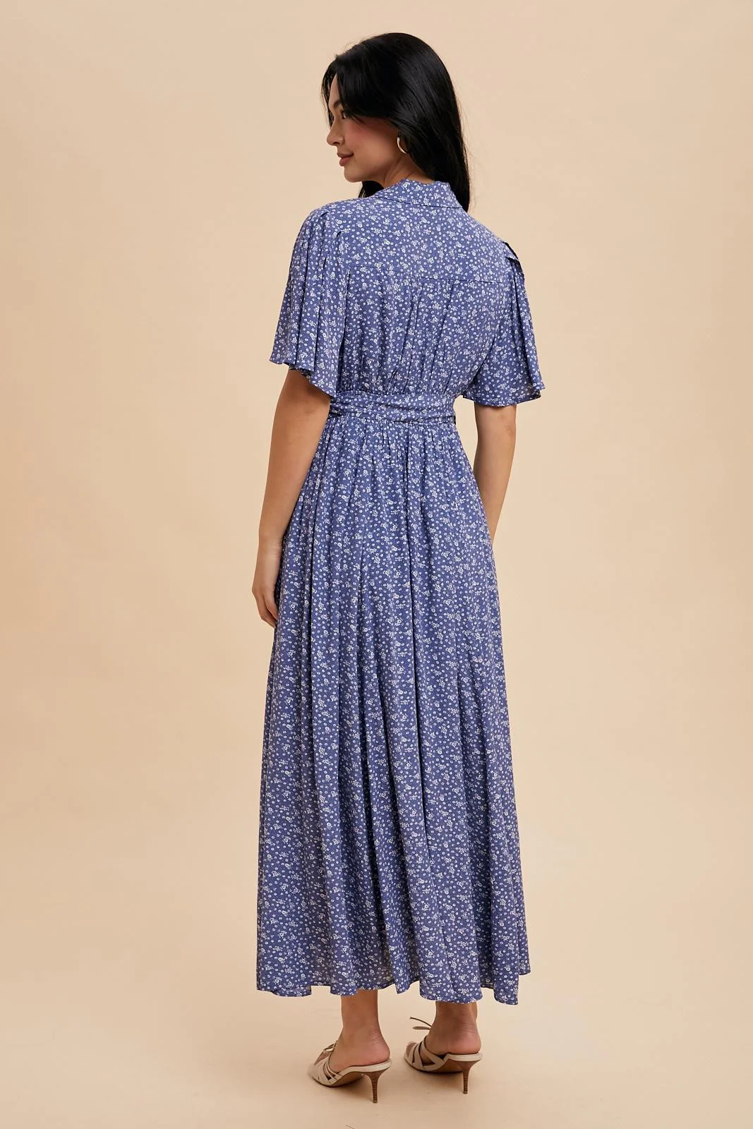 Blue Flutter Sleeve Button Down Maxi Dress - Image 4