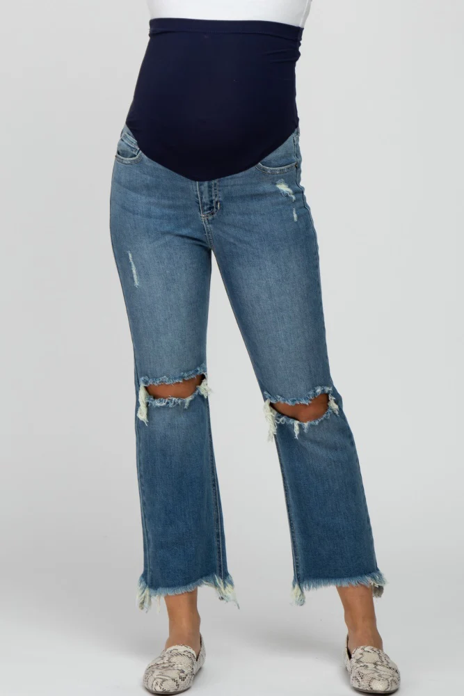 Blue Frayed Wide Leg Cropped Maternity Jeans - Image 3