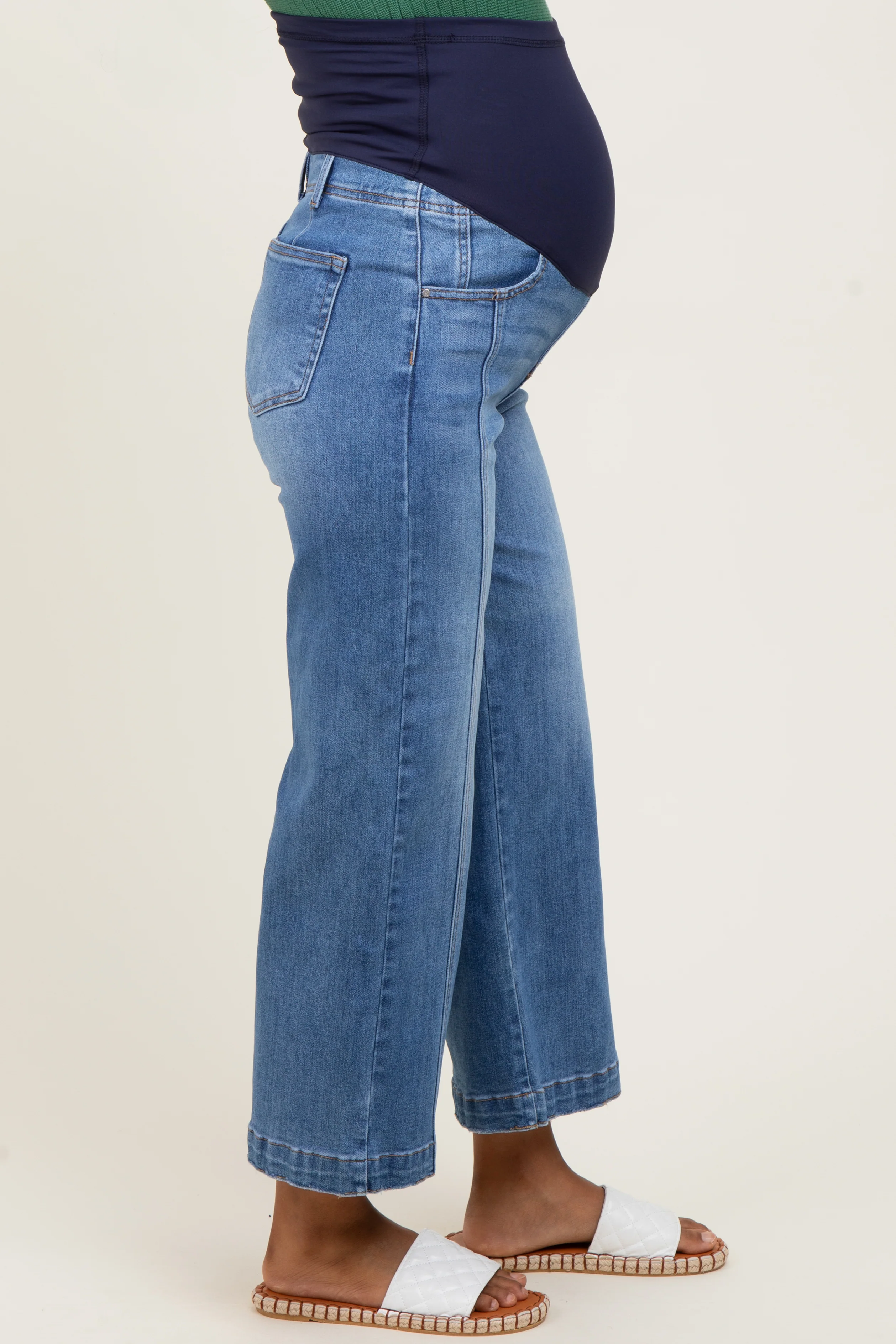 Blue Front Seam Cropped Wide Leg Maternity Jeans - Image 4
