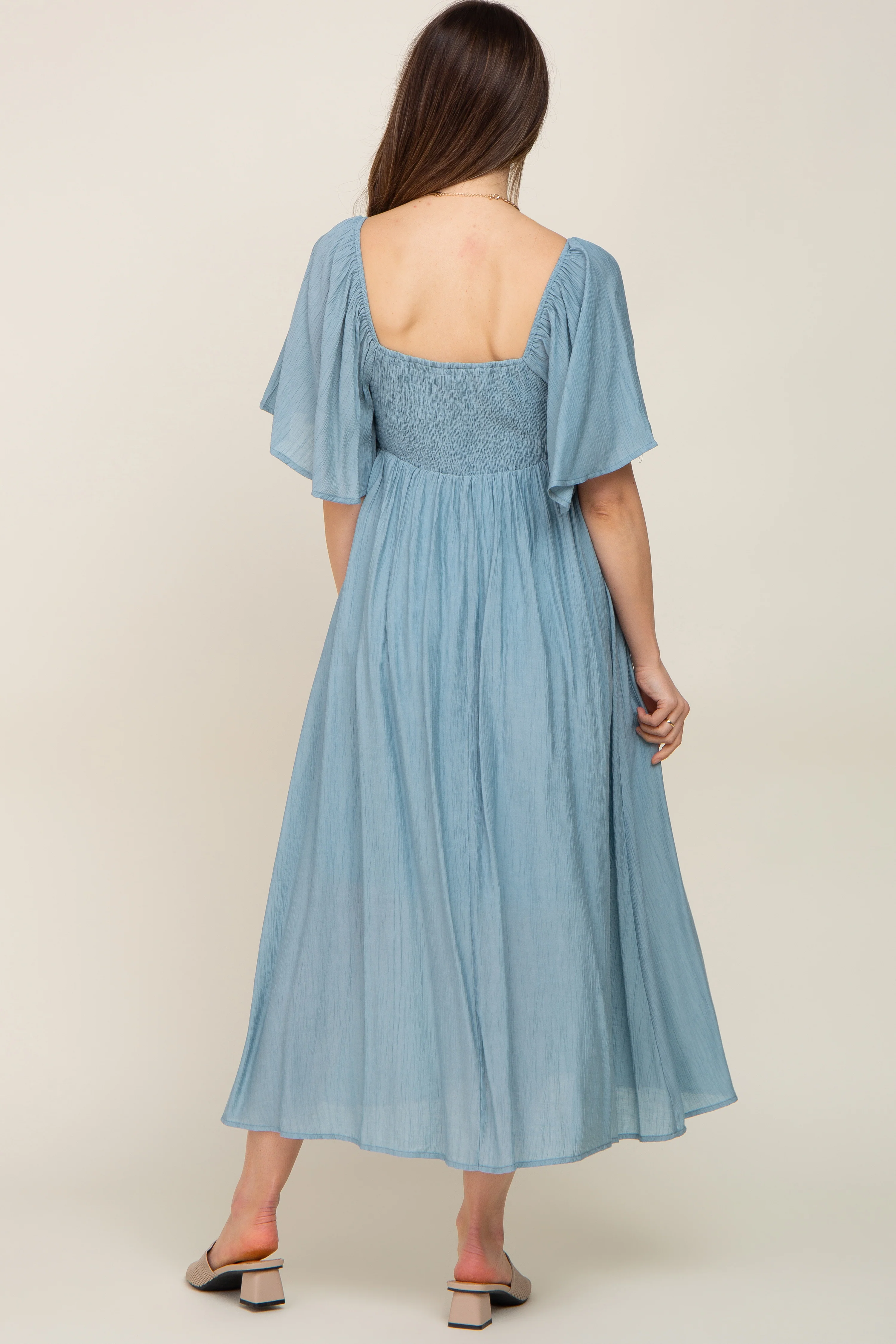Blue Front Tie Ruffle Sleeve Maternity Midi Dress - Image 3