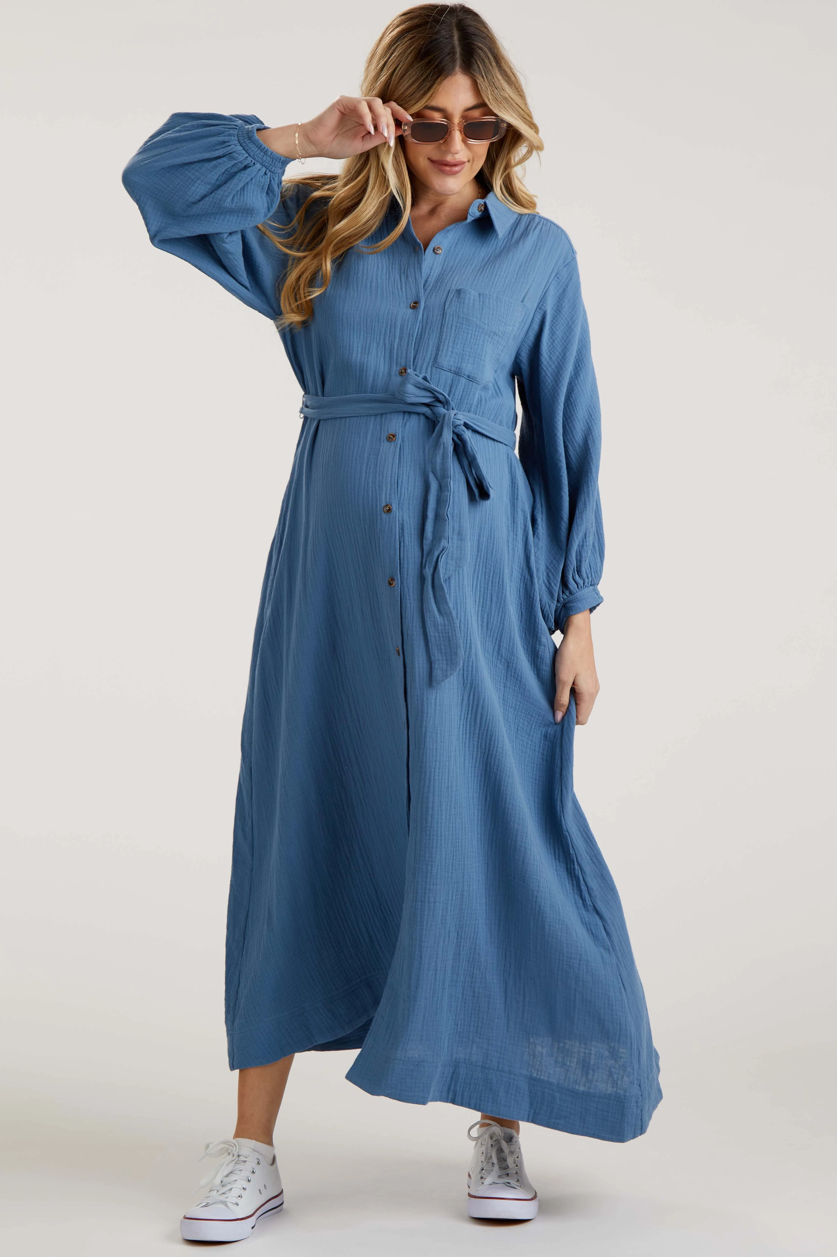 Blue Gauze Belted Shirt Maternity Midi Dress - Image 4