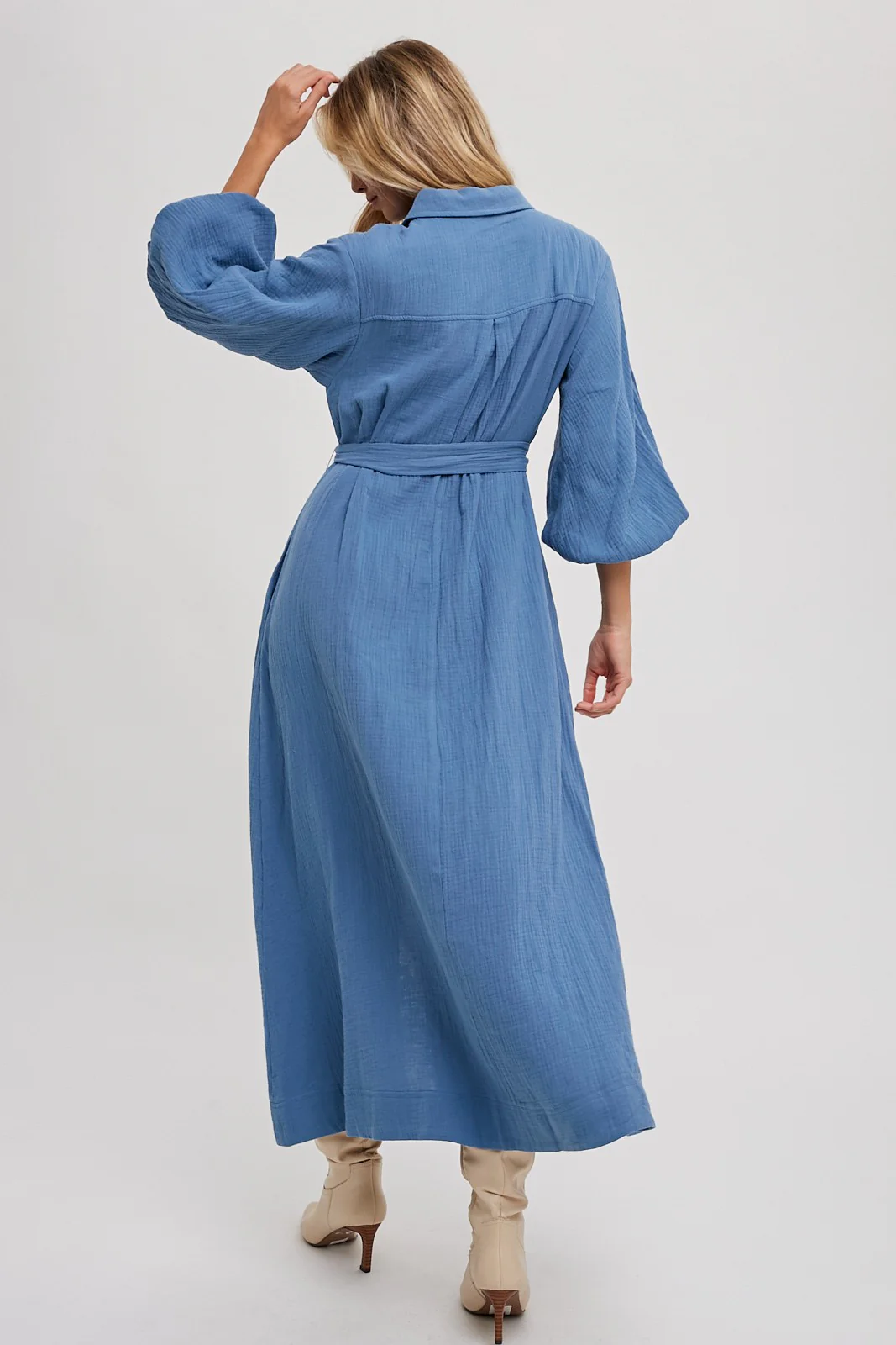 Blue Gauze Belted Shirt Midi Dress - Image 3