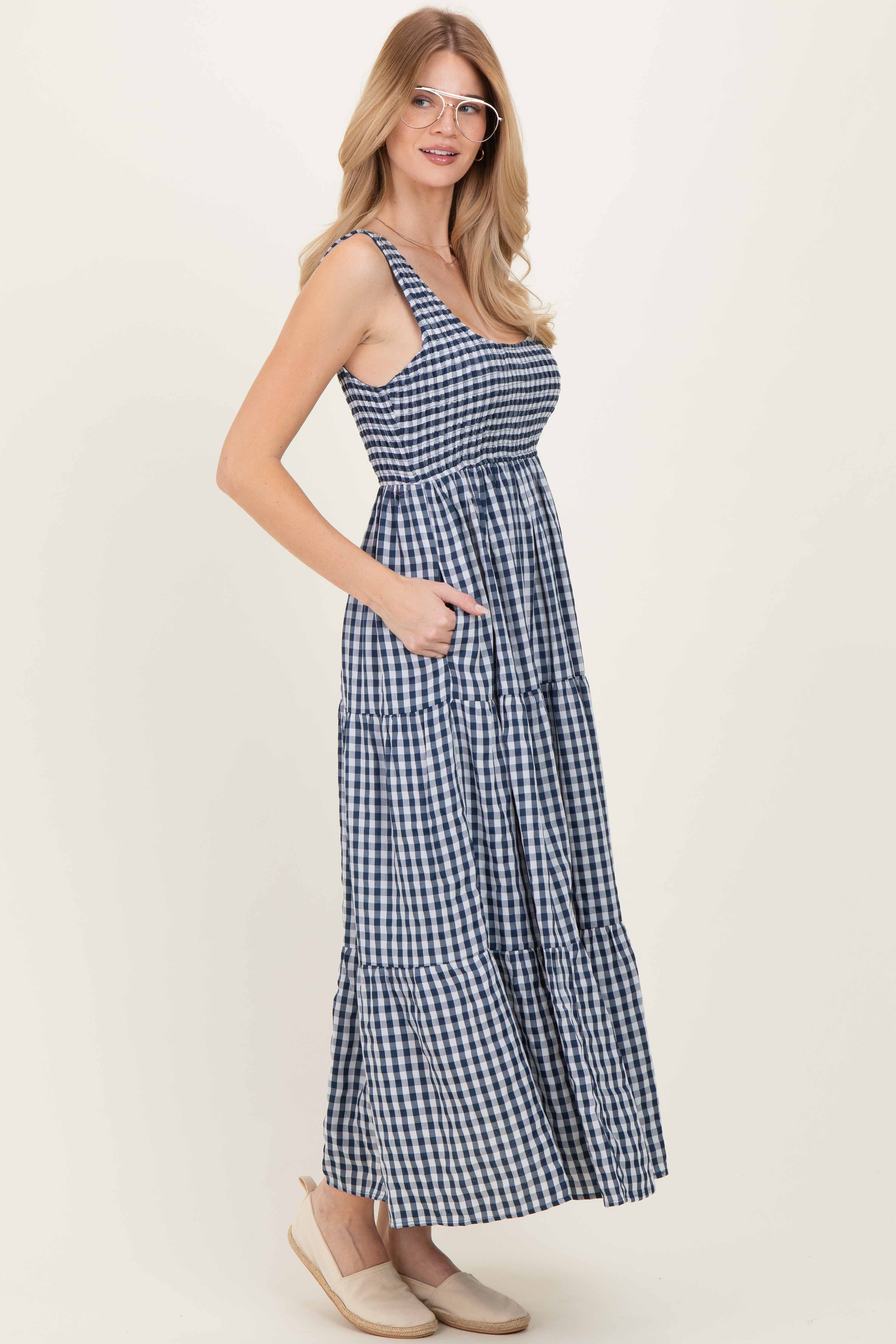 Blue Gingham Sleeveless Tiered Maxi Dress - Image 3