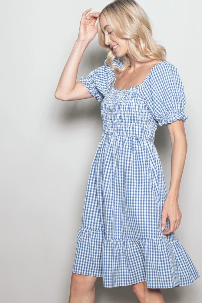 Blue Gingham Smocked Puff Sleeve Dress - Image 3