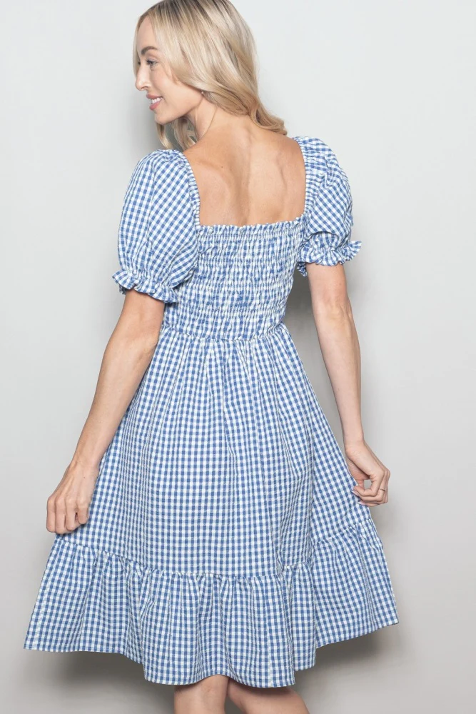 Blue Gingham Smocked Puff Sleeve Dress - Image 4