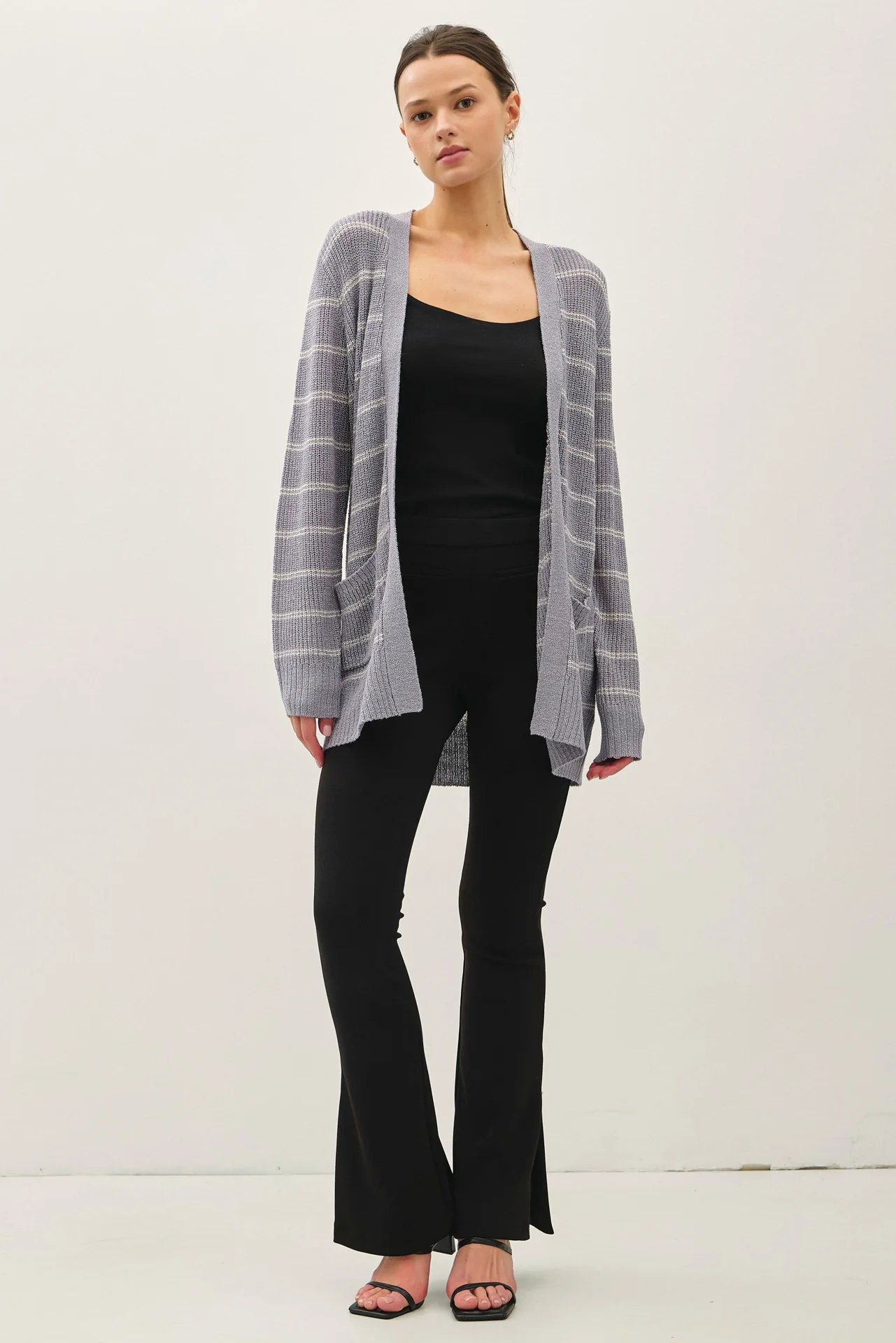 Blue Grey Fine Knit Striped Open Cardigan - Image 2