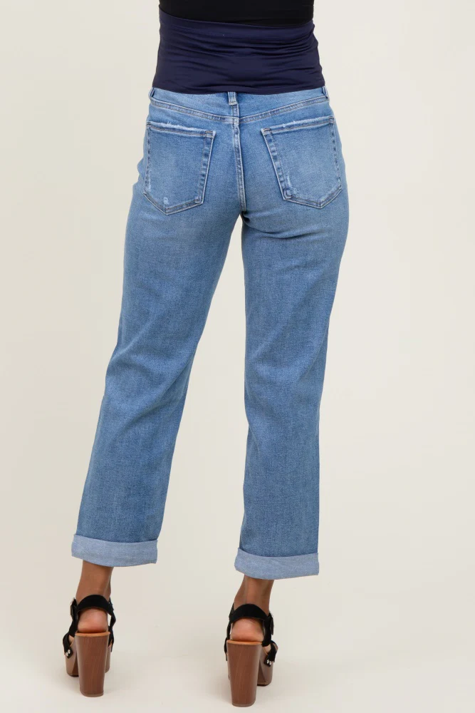 Blue High Rise Cuffed Boyfriend Maternity Jeans - Image 5