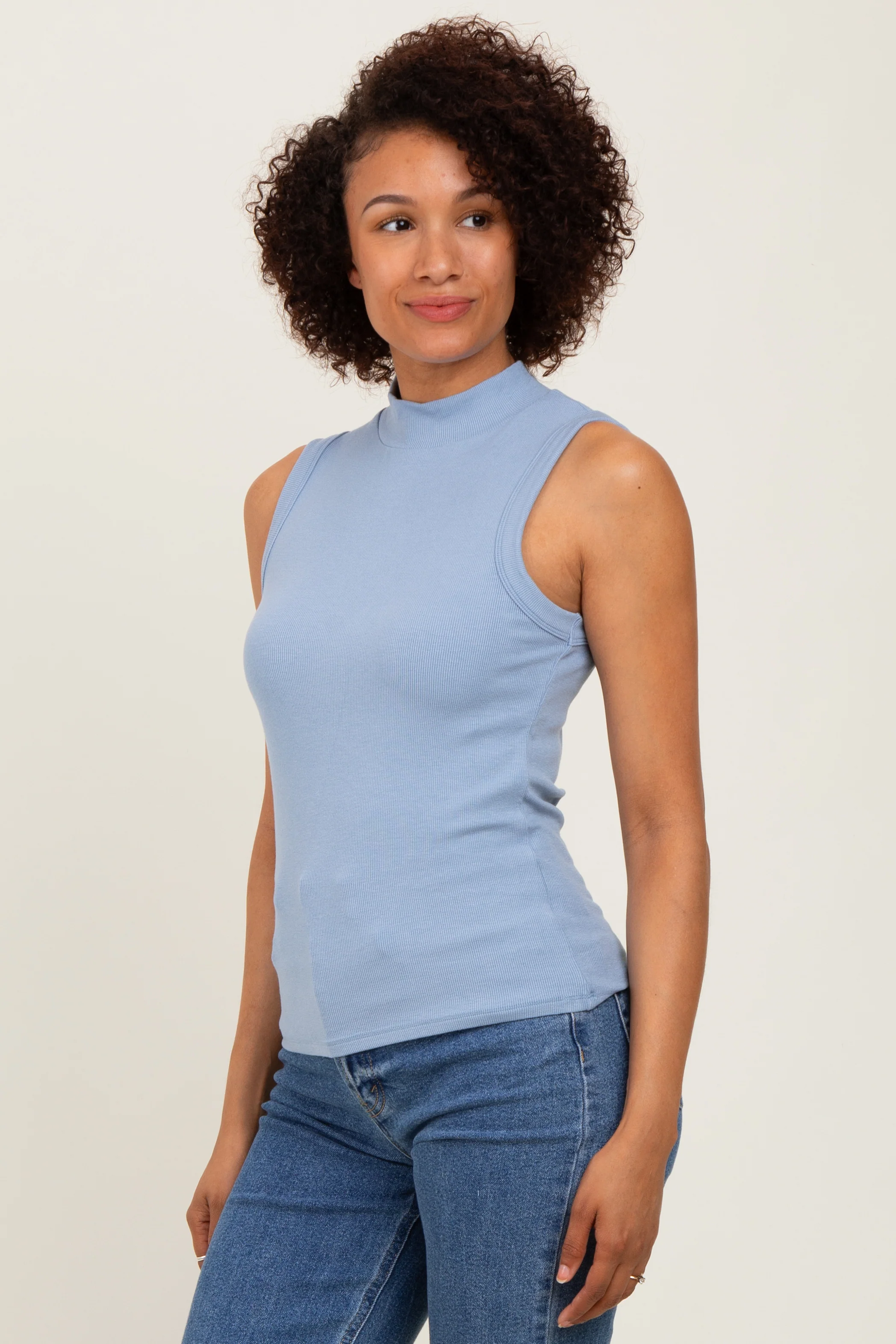 Blue Knit Mock Neck Sleeveless Top - Image 2