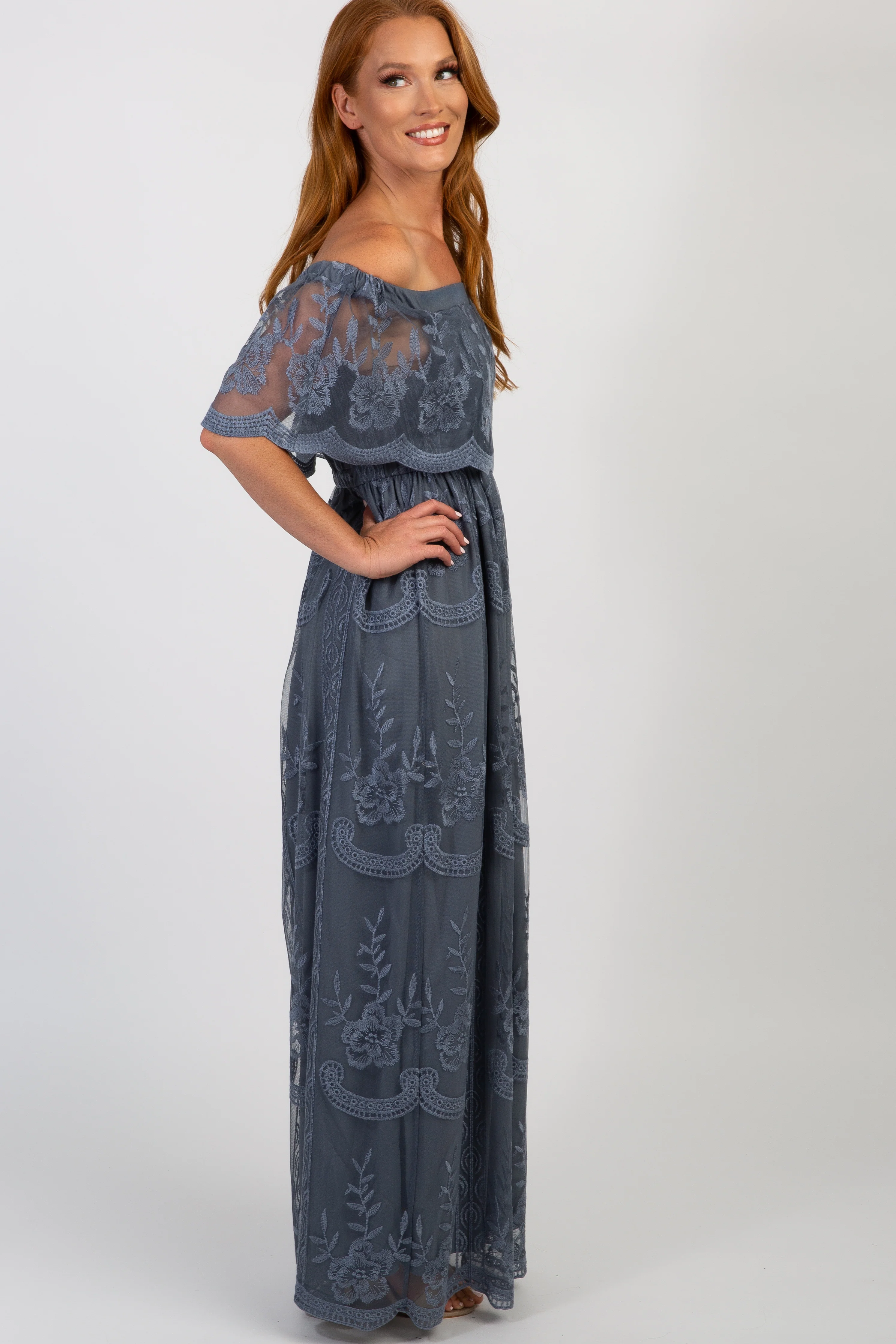 Blue Lace Mesh Overlay Off Shoulder Maxi Dress - Image 2