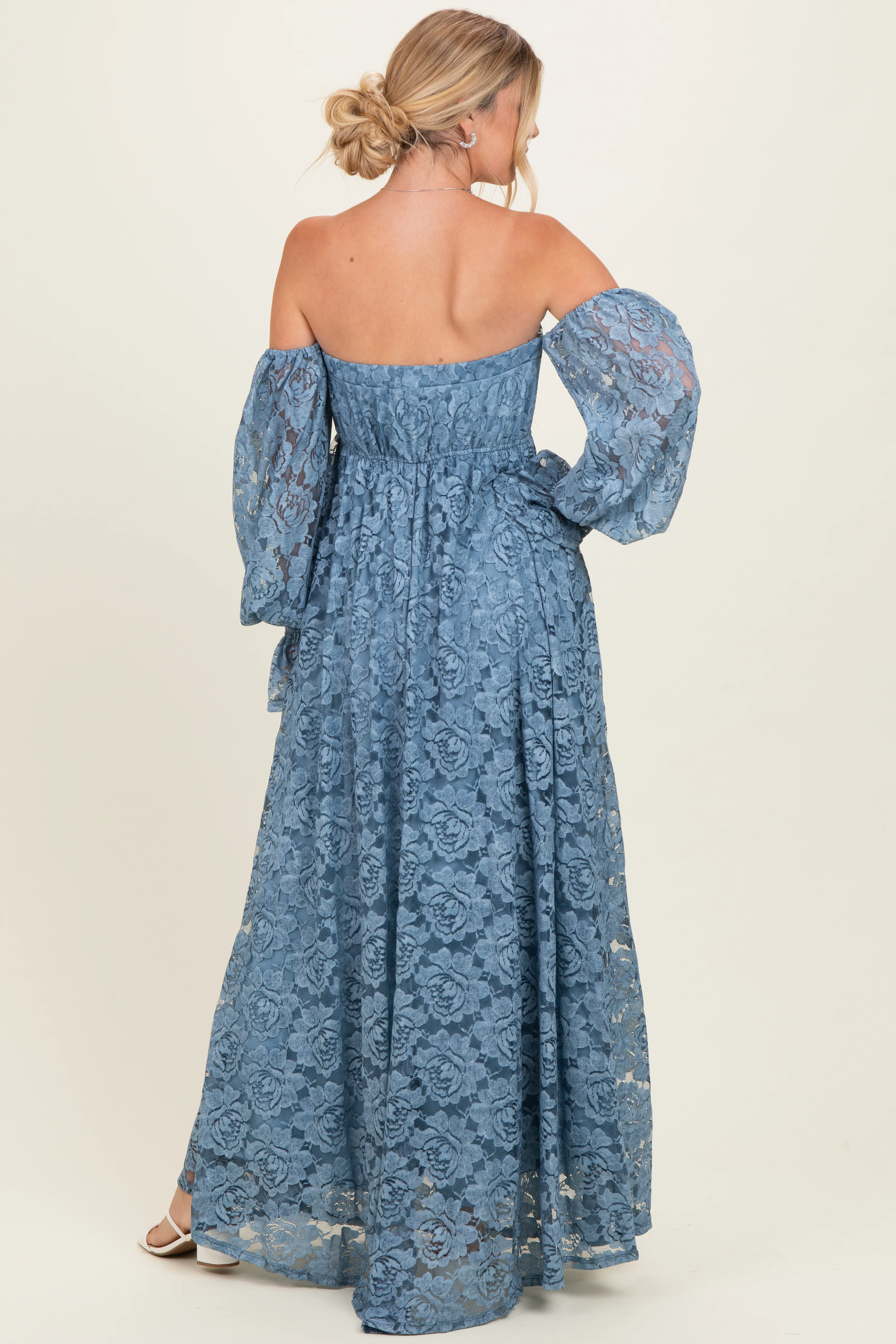 Blue Lace Off Shoulder Long Sleeve Maxi Dress - Image 3