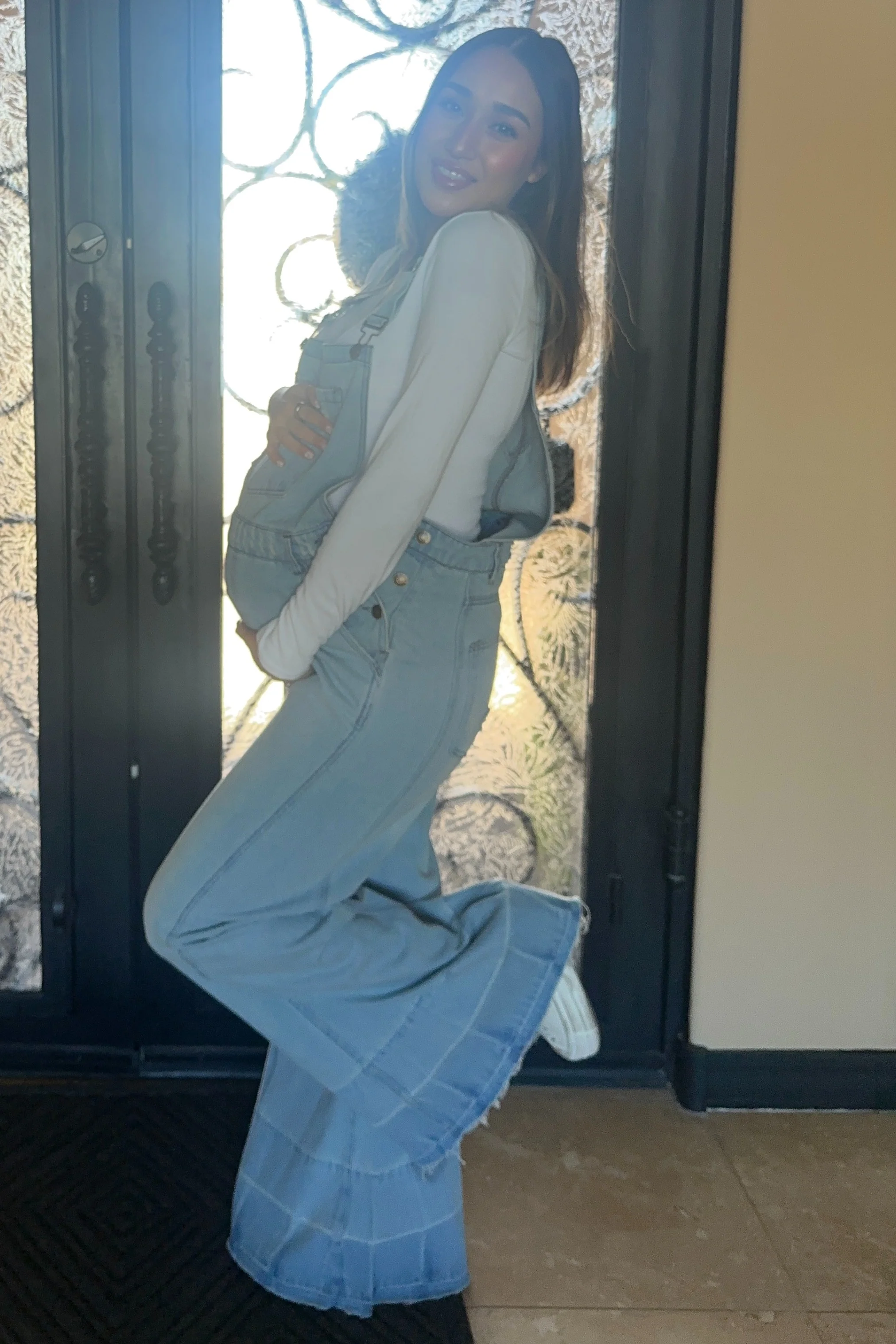 Blue Light Wash Denim Distressed Wide Leg Maternity Overalls - Image 10