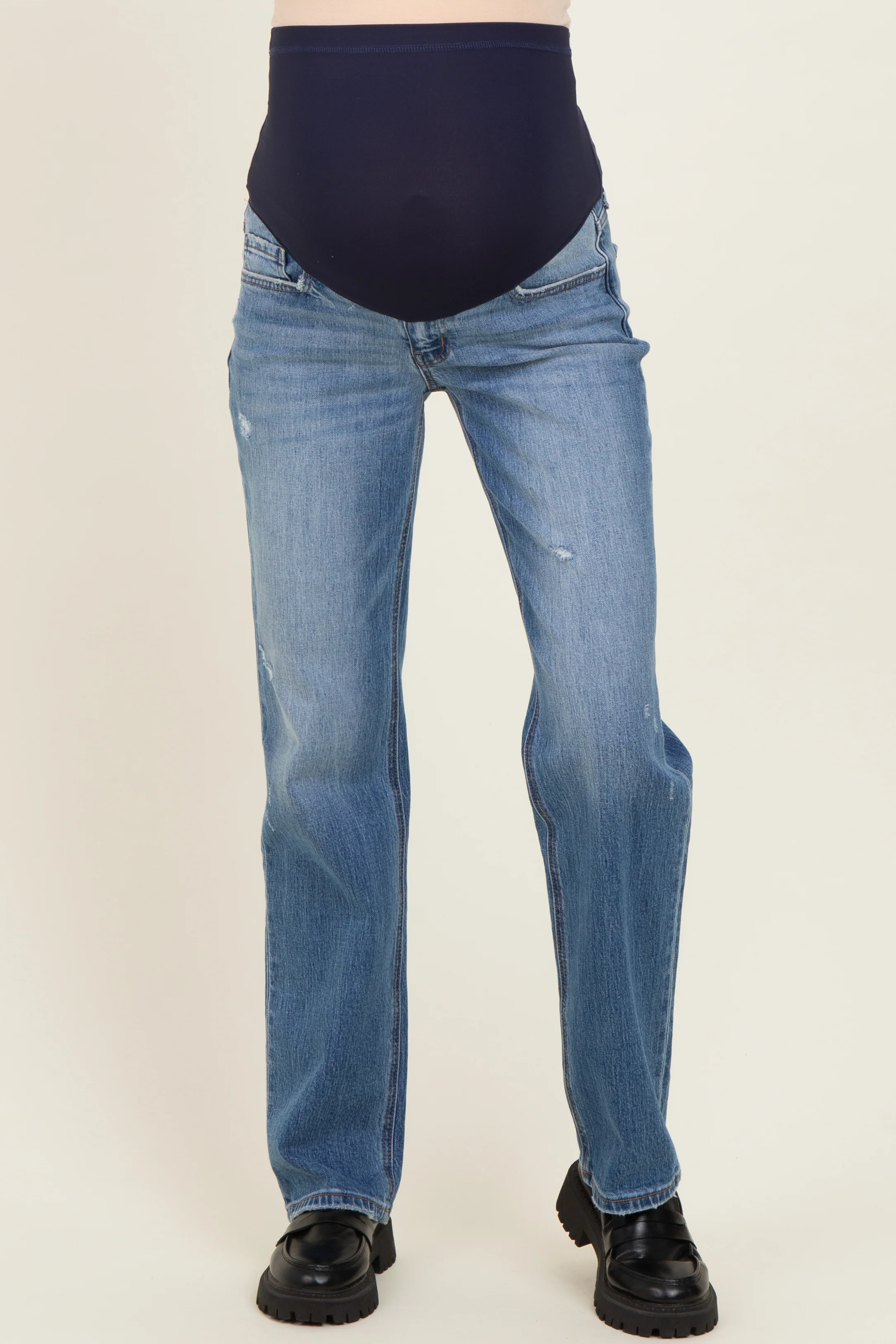 Blue Lightly Distressed Straight Leg Maternity Jeans - Image 2
