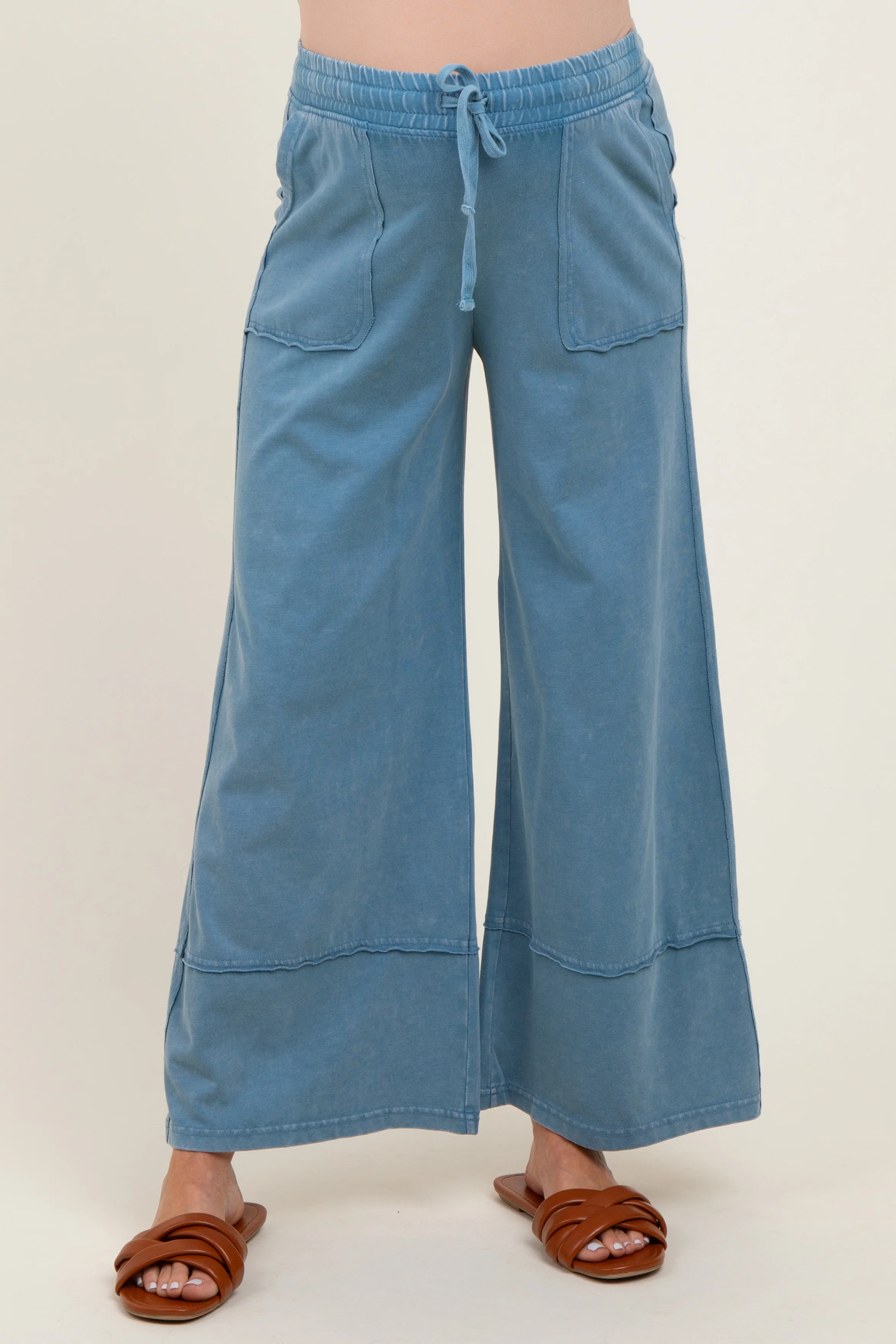 Blue Mineral Wash Wide Leg Ankle Maternity Pants - Image 2