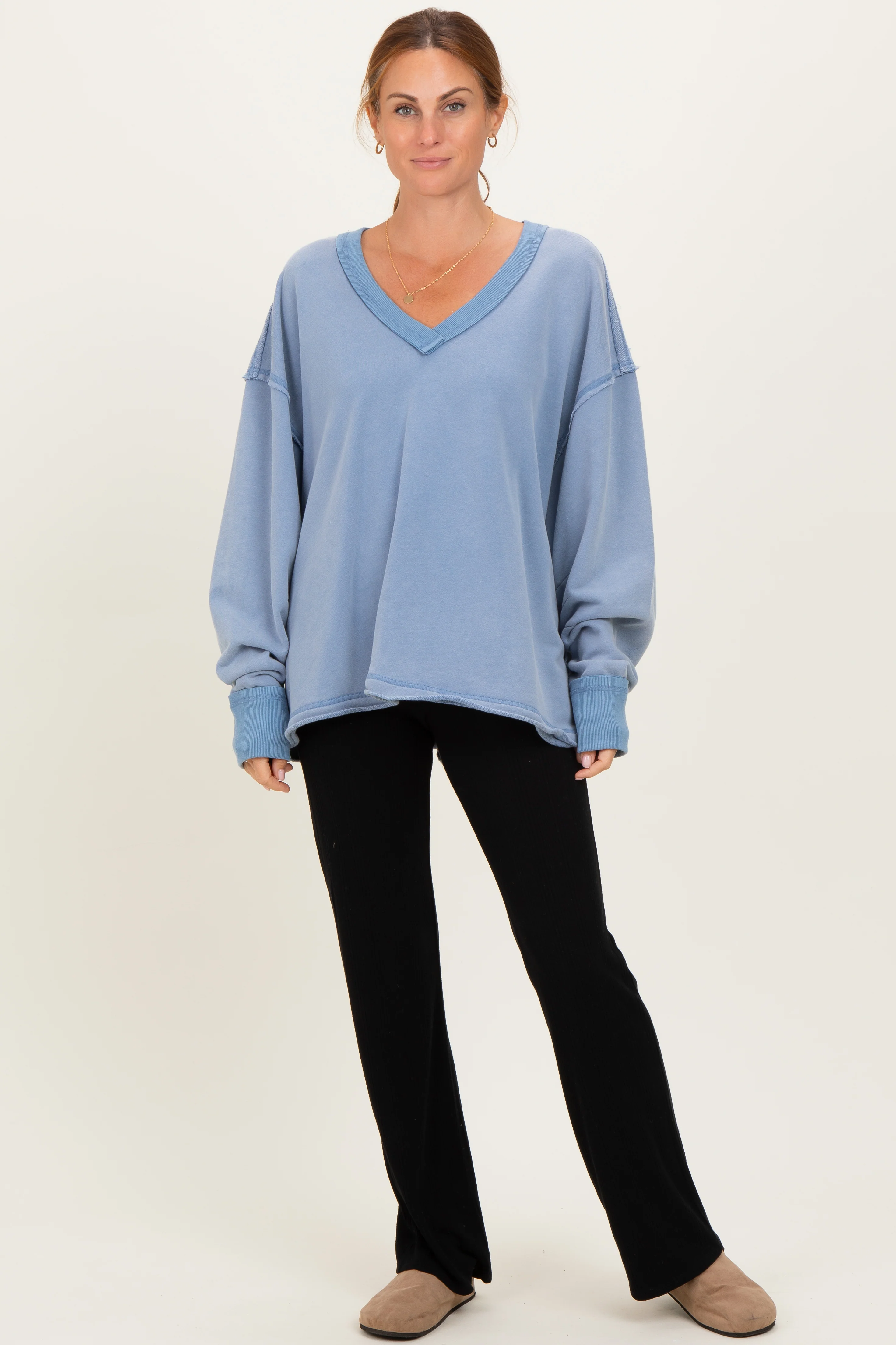 Blue Mineral Washed French Terry Oversized Maternity Sweatshirt - Image 3