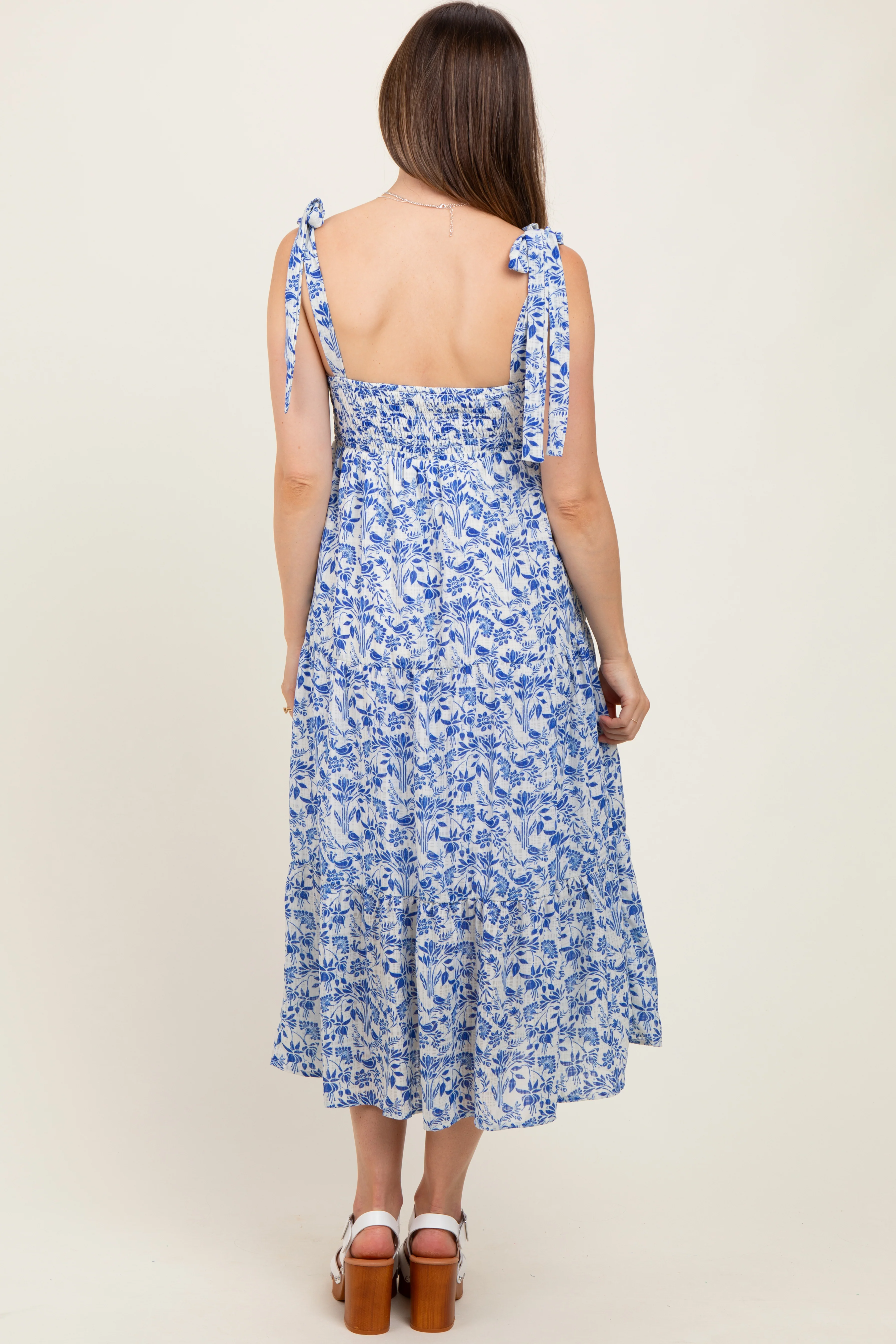 Blue Multi Floral Tie Strap Maternity Maxi Dress - Image 3