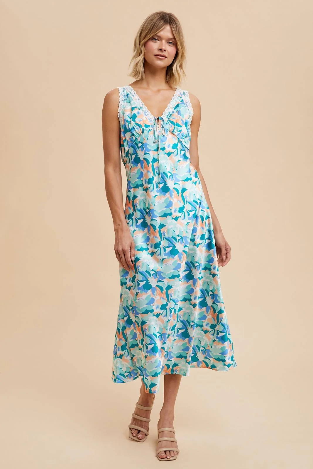 Blue Multi Satin Floral Sleeveless Midi Dress - Image 2