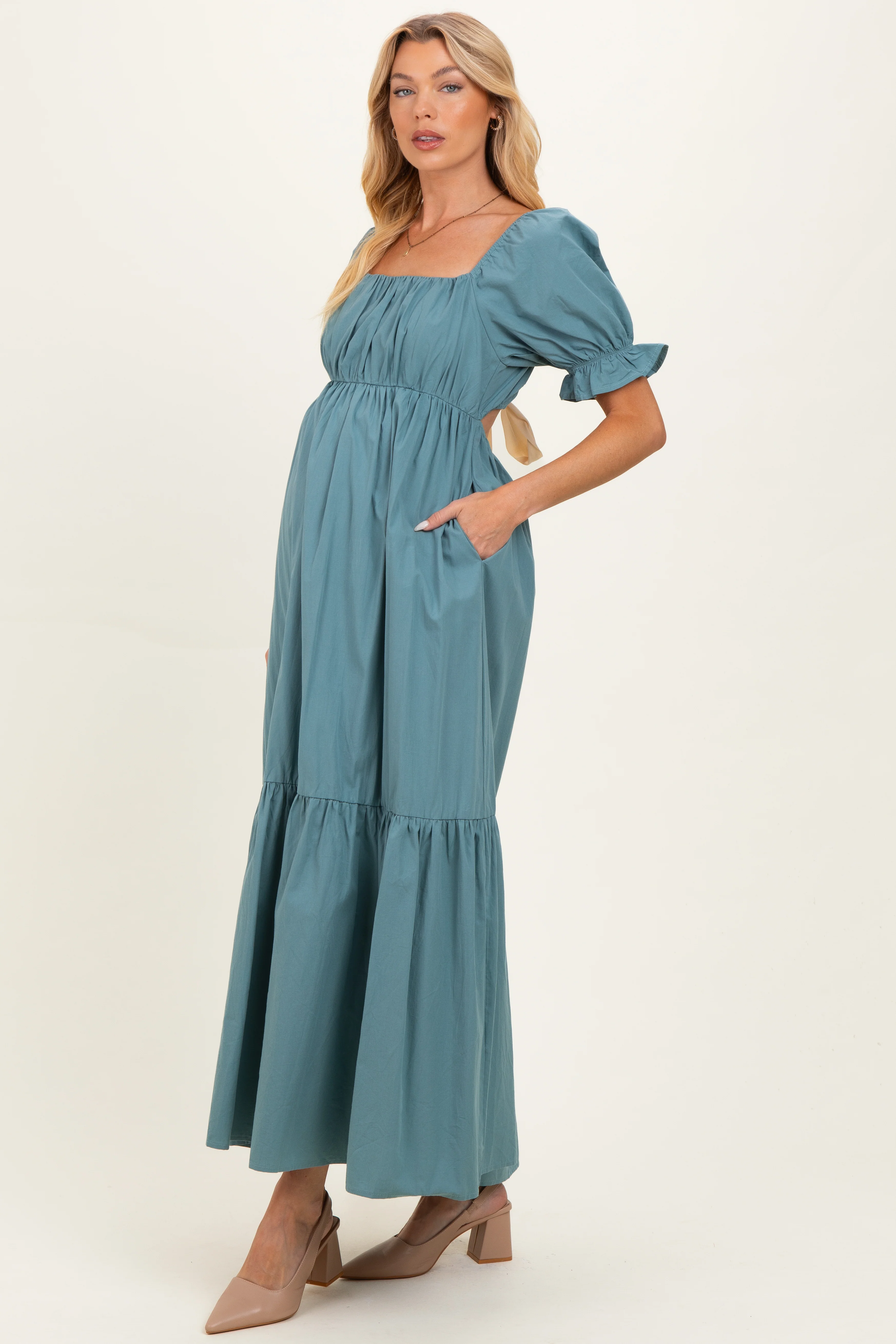 Blue Open Back Ribbon Tie Maternity Maxi Dress - Image 2