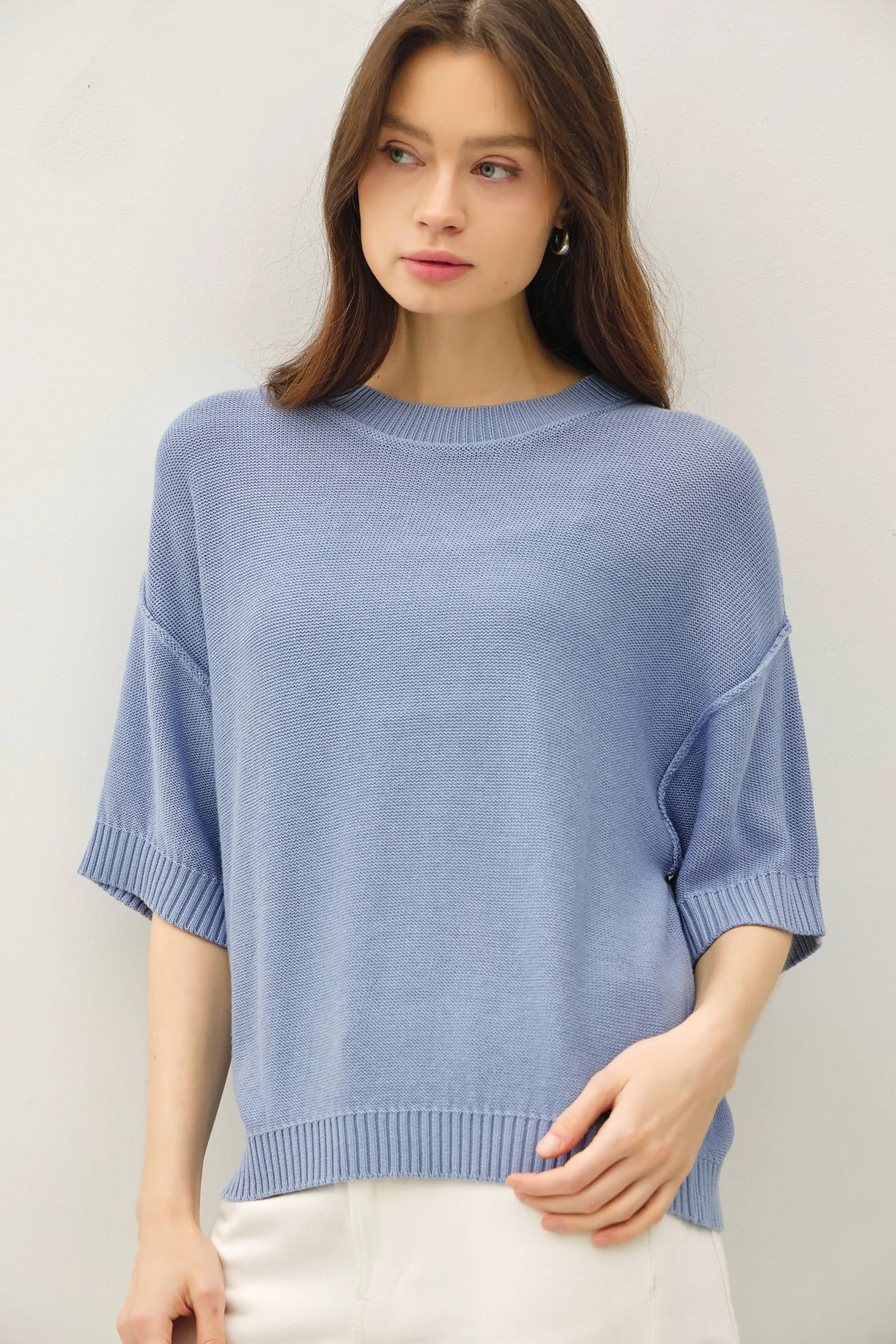 Blue Oversize Cut Sweater Maternity Top With Raw Edge - Image 5