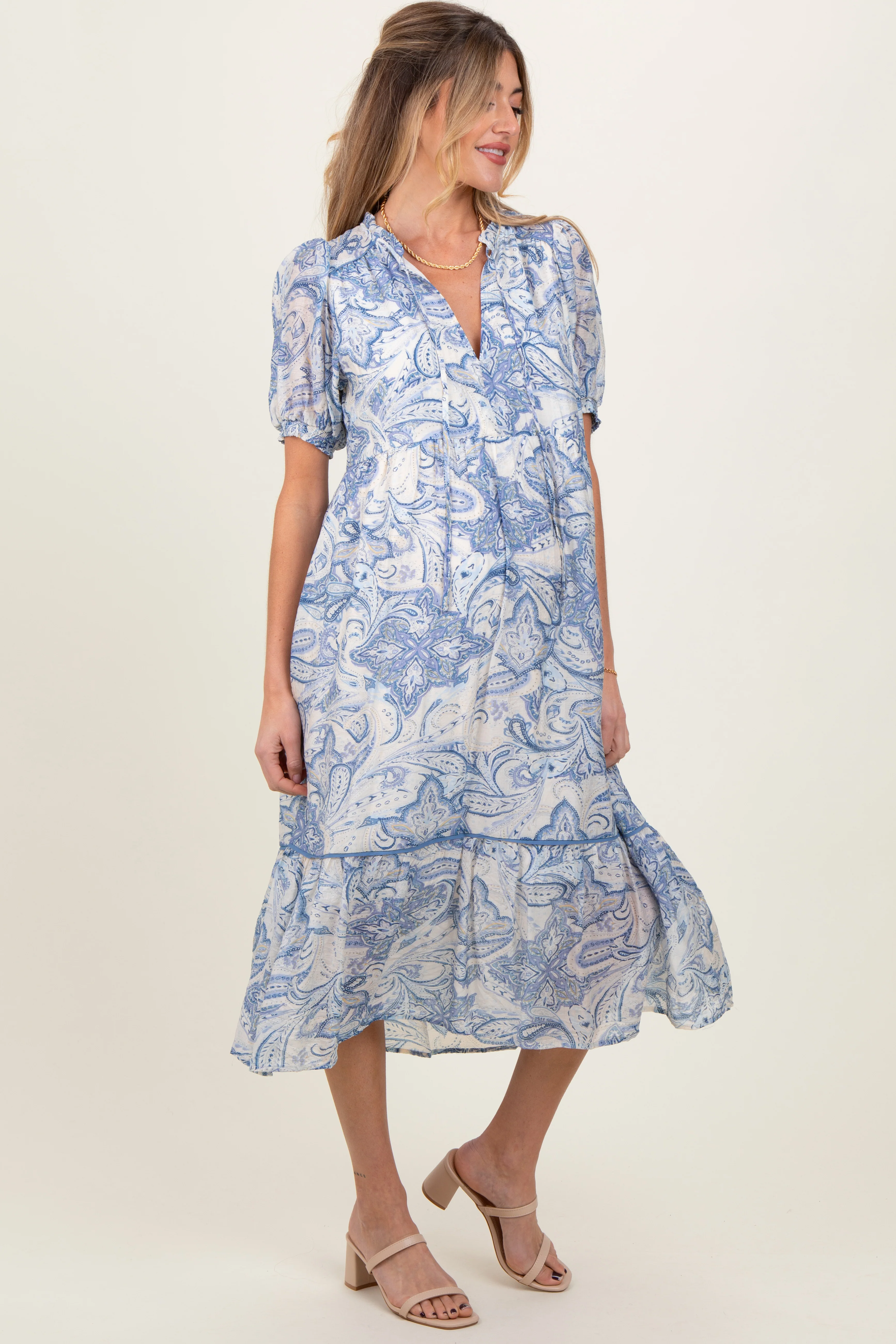 Blue Paisley Front Tie Ruffle Trim Maternity Midi Dress - Image 3