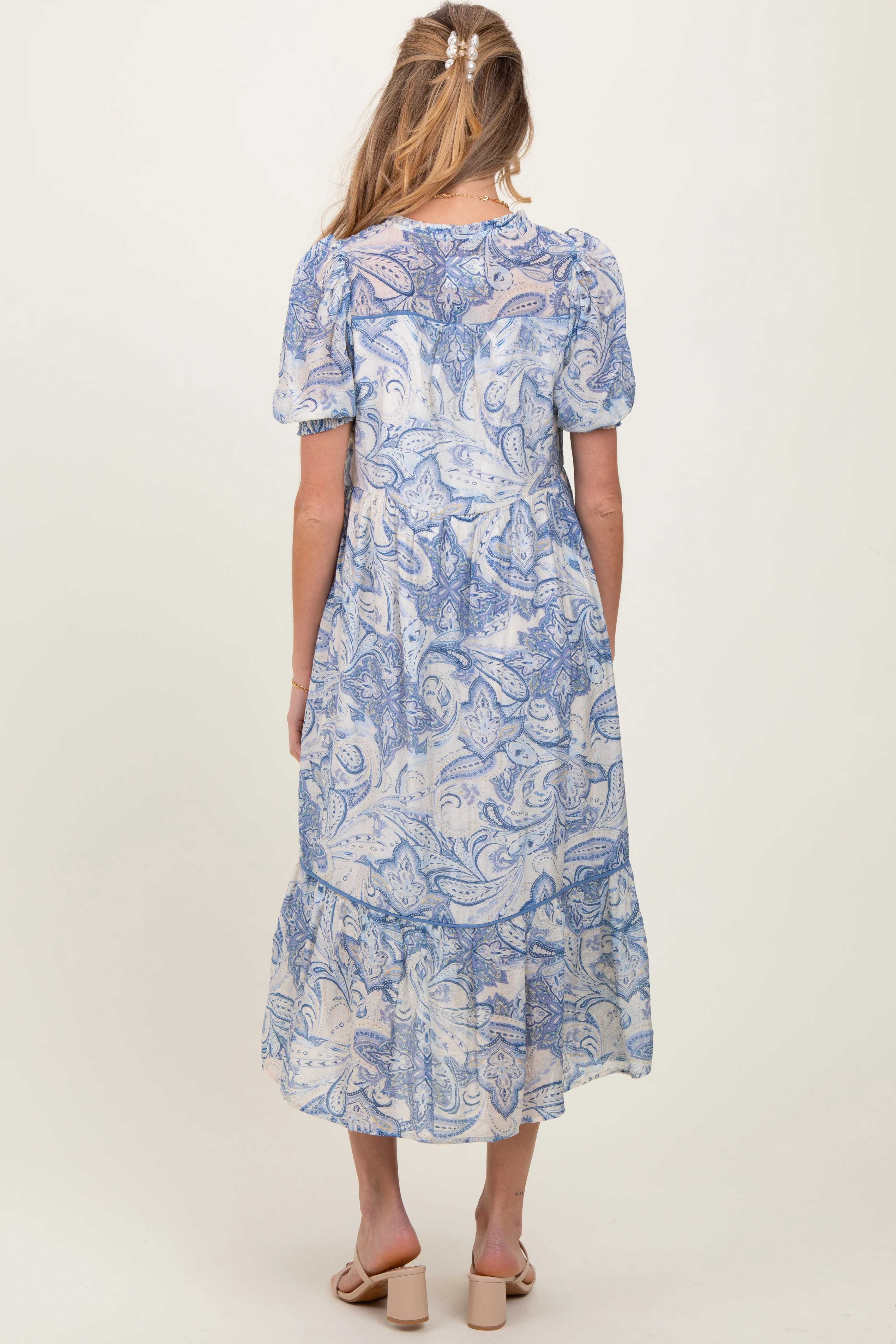 Blue Paisley Front Tie Ruffle Trim Maternity Midi Dress - Image 4