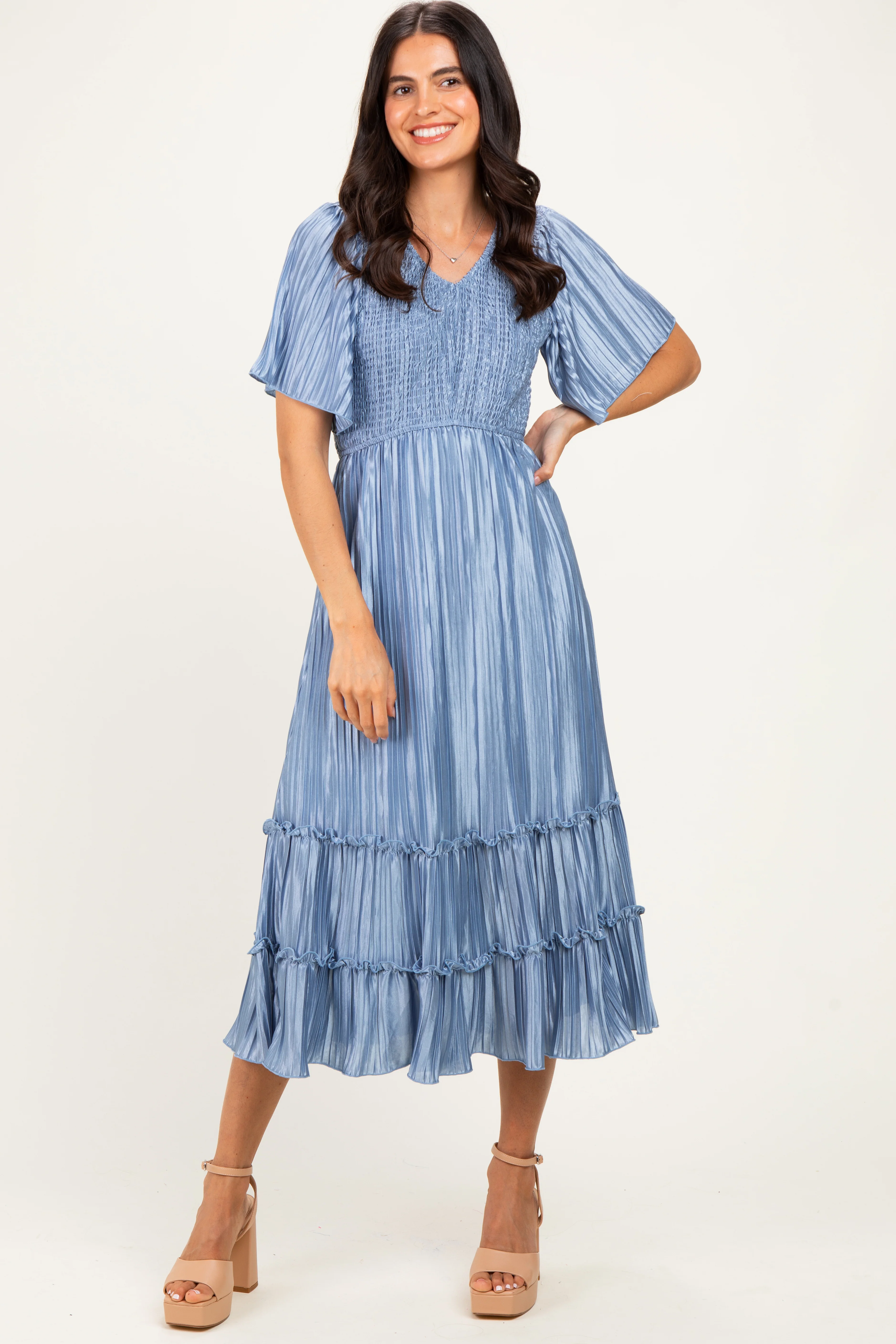 Blue Pleated Satin Smocked Midi Dress