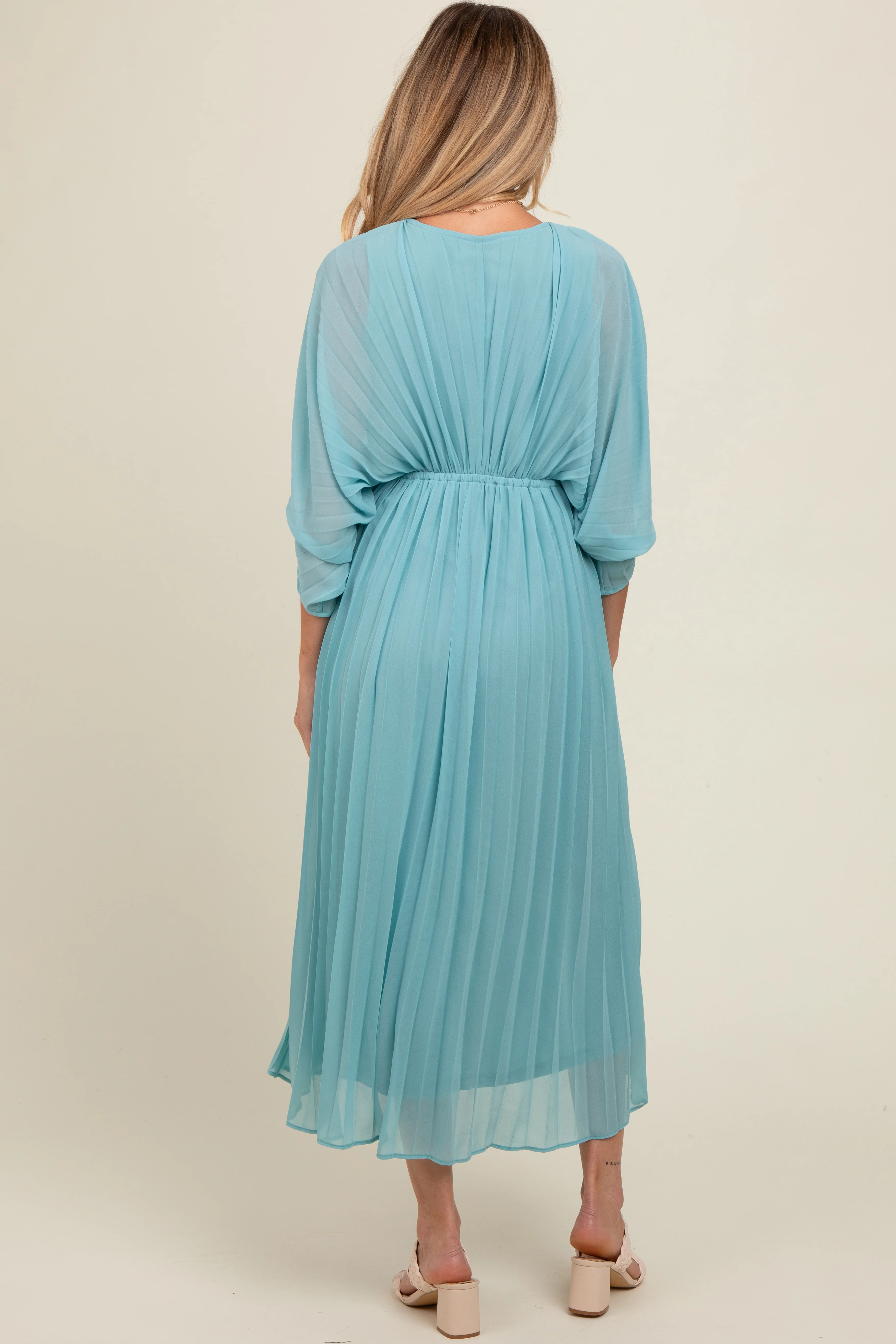 Blue Pleated V Neck Maternity Maxi Dress - Image 3