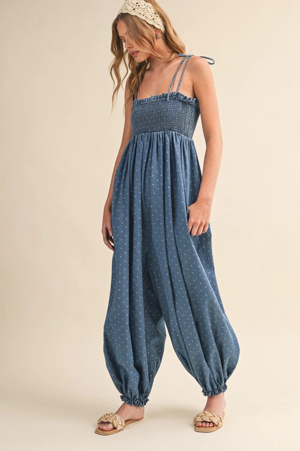 Blue Polka Dot Printed Jumpsuit - Image 3
