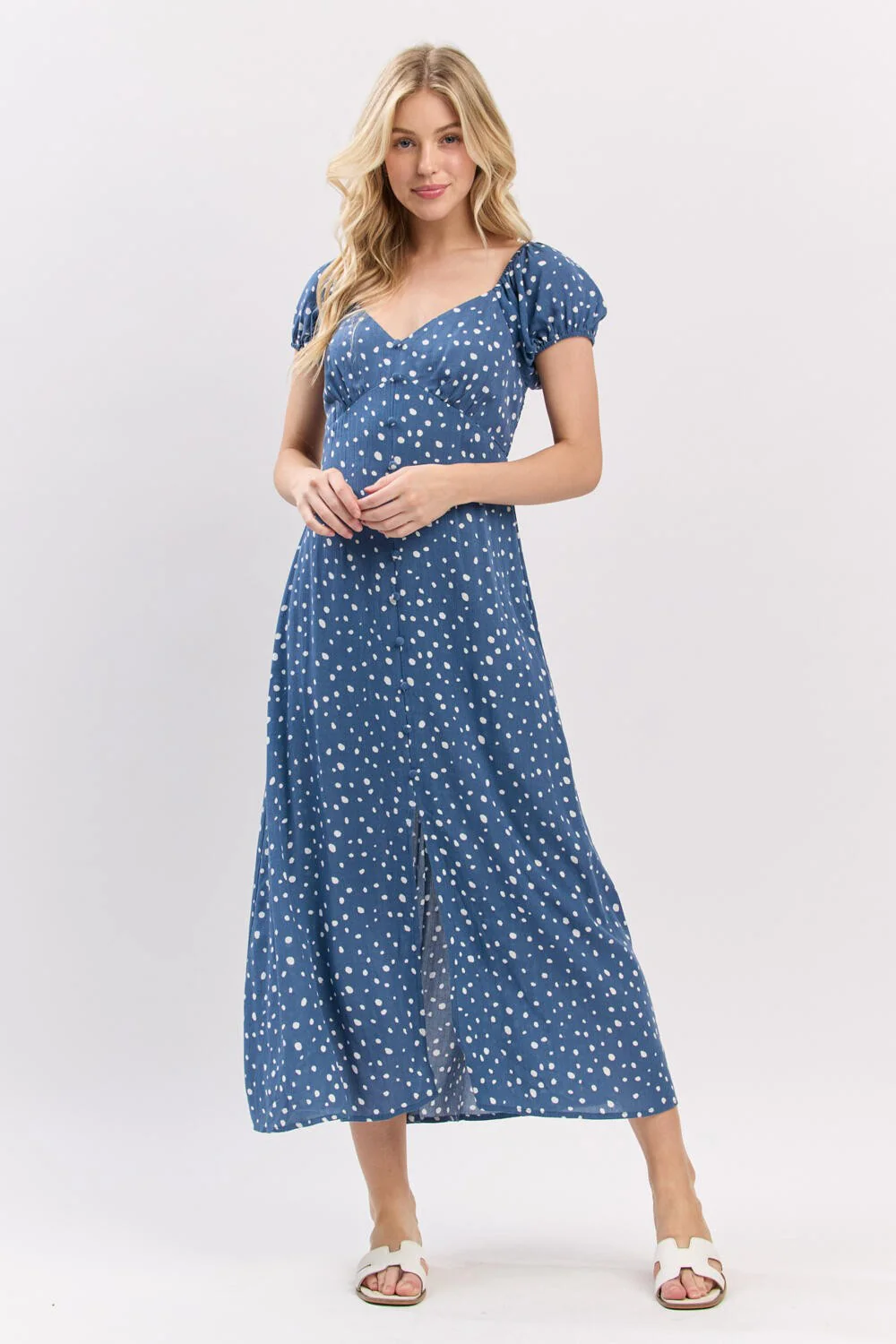 Blue Printed Button Accent Puff Sleeve Maternity Midi Dress - Image 5