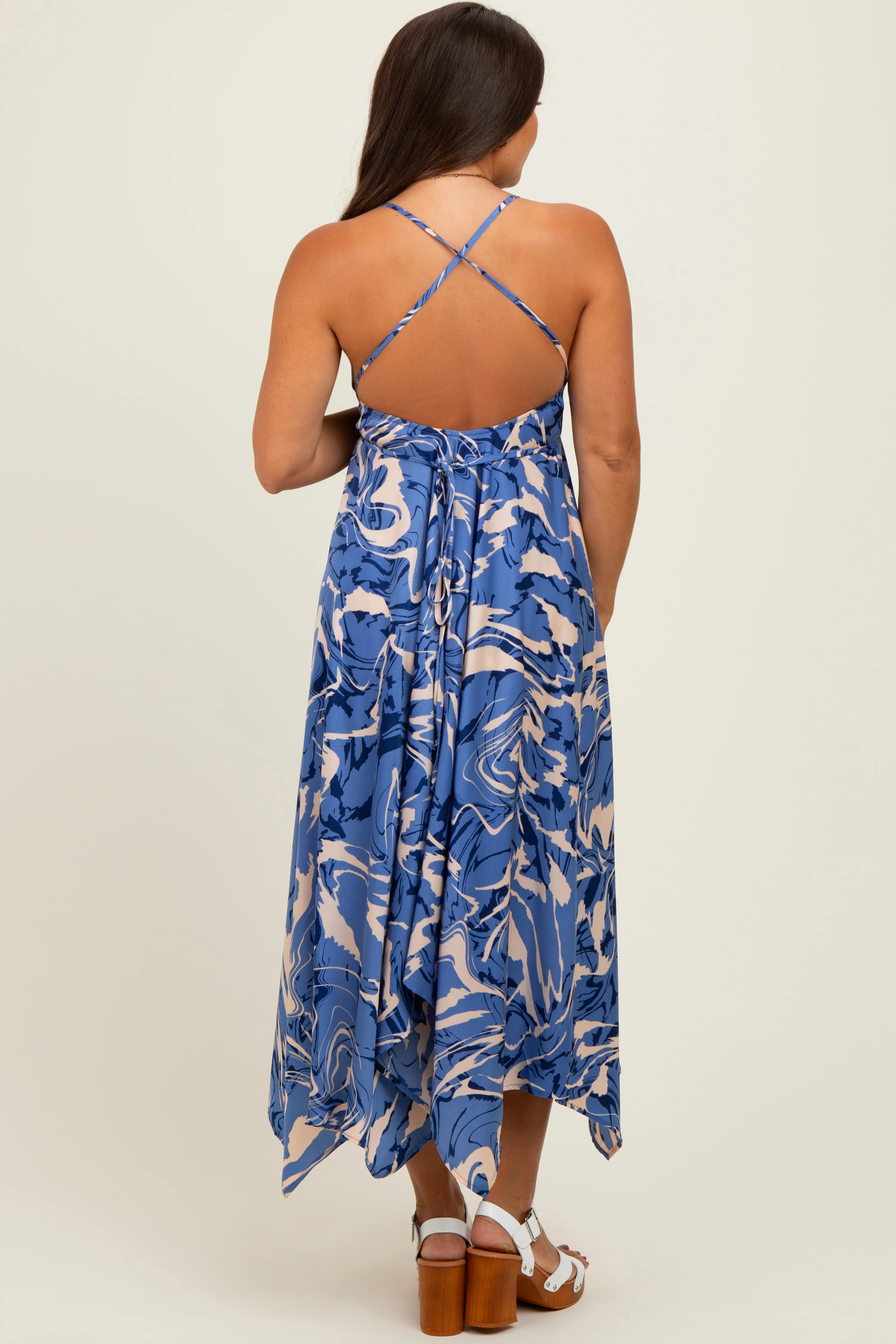 Blue Printed Crisscross Back Maternity Handkerchief Dress - Image 4