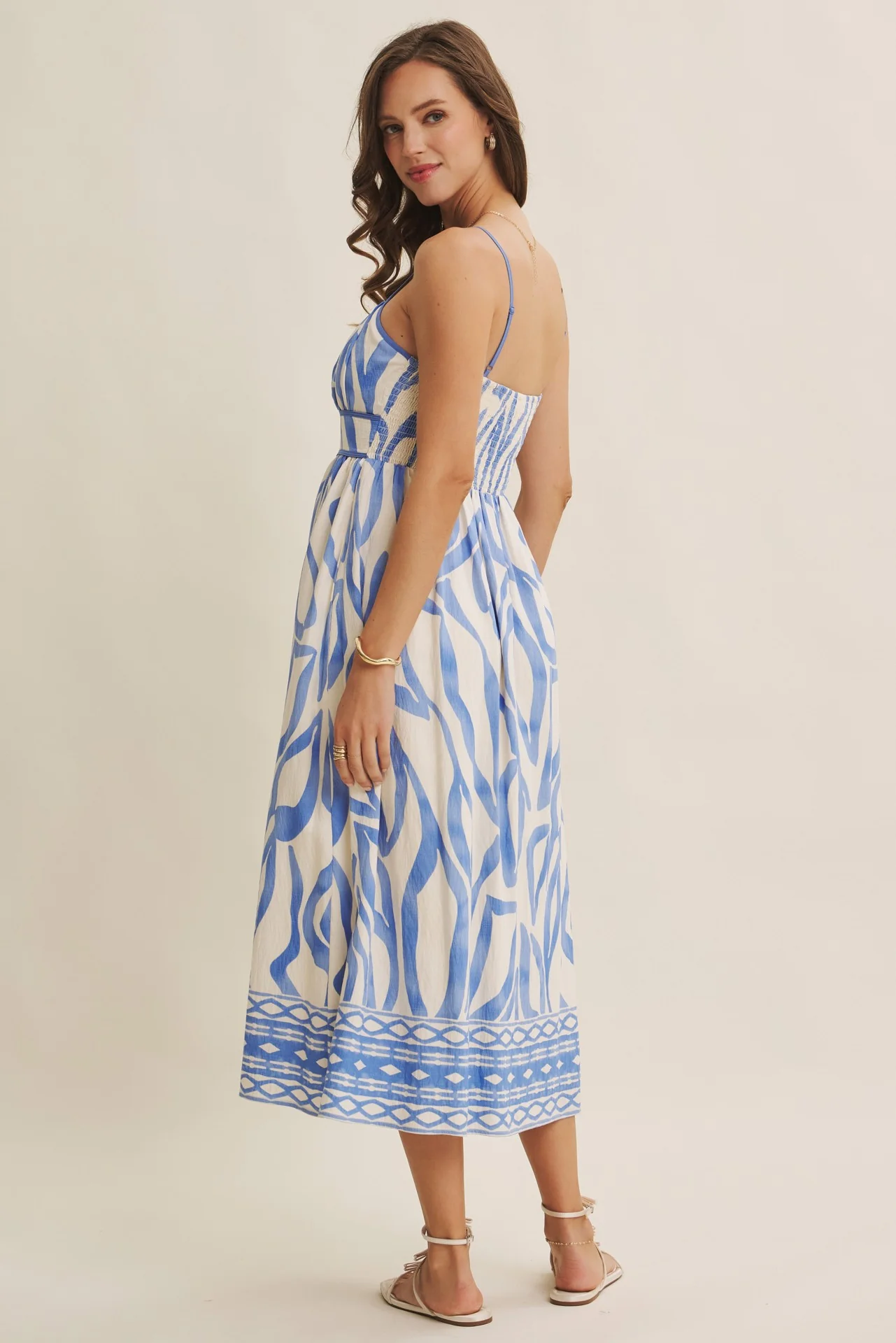 Blue Printed Front Tie Midi Dress - Image 4