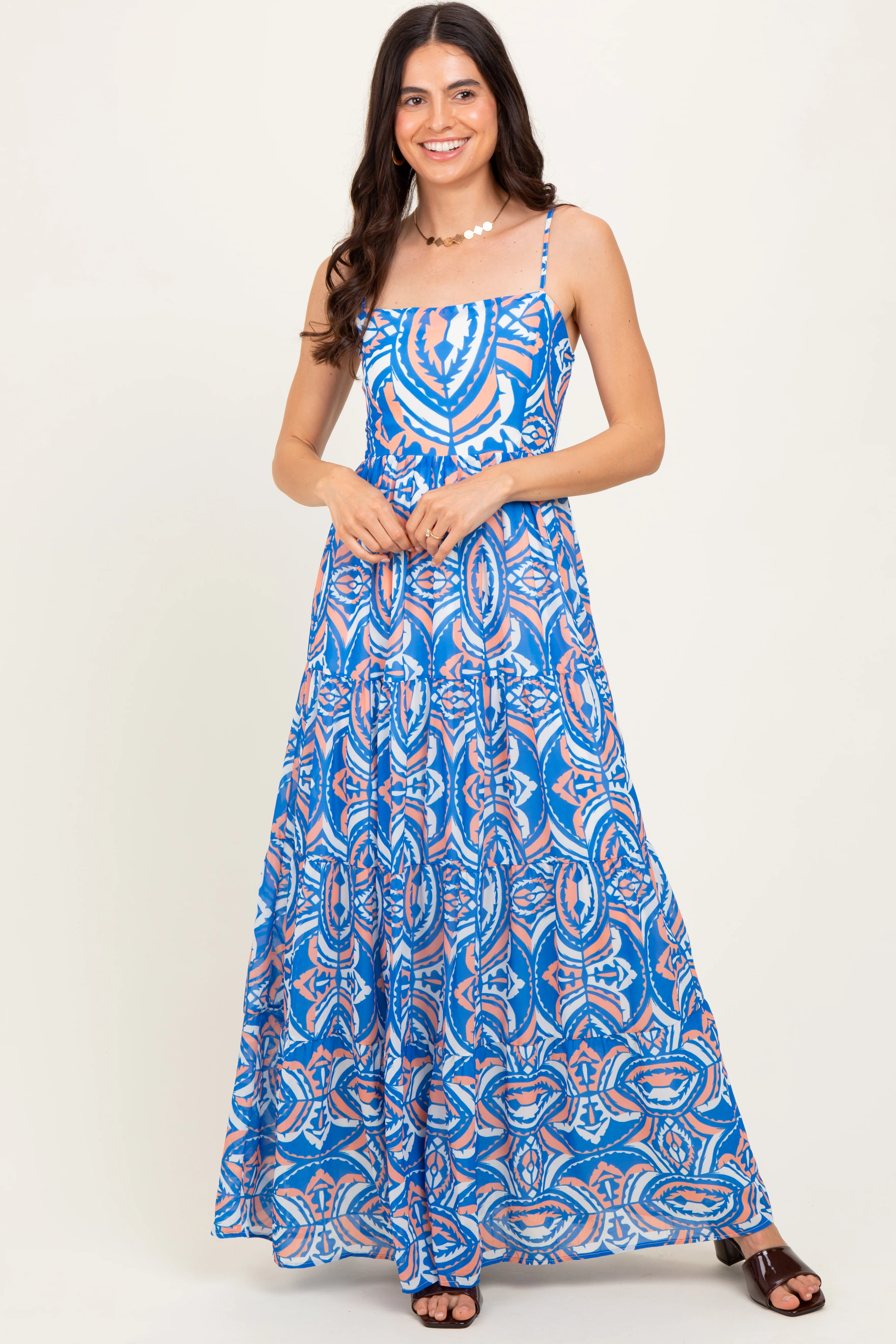 Blue Printed Sleeveless Maternity Maxi Dress - Image 4