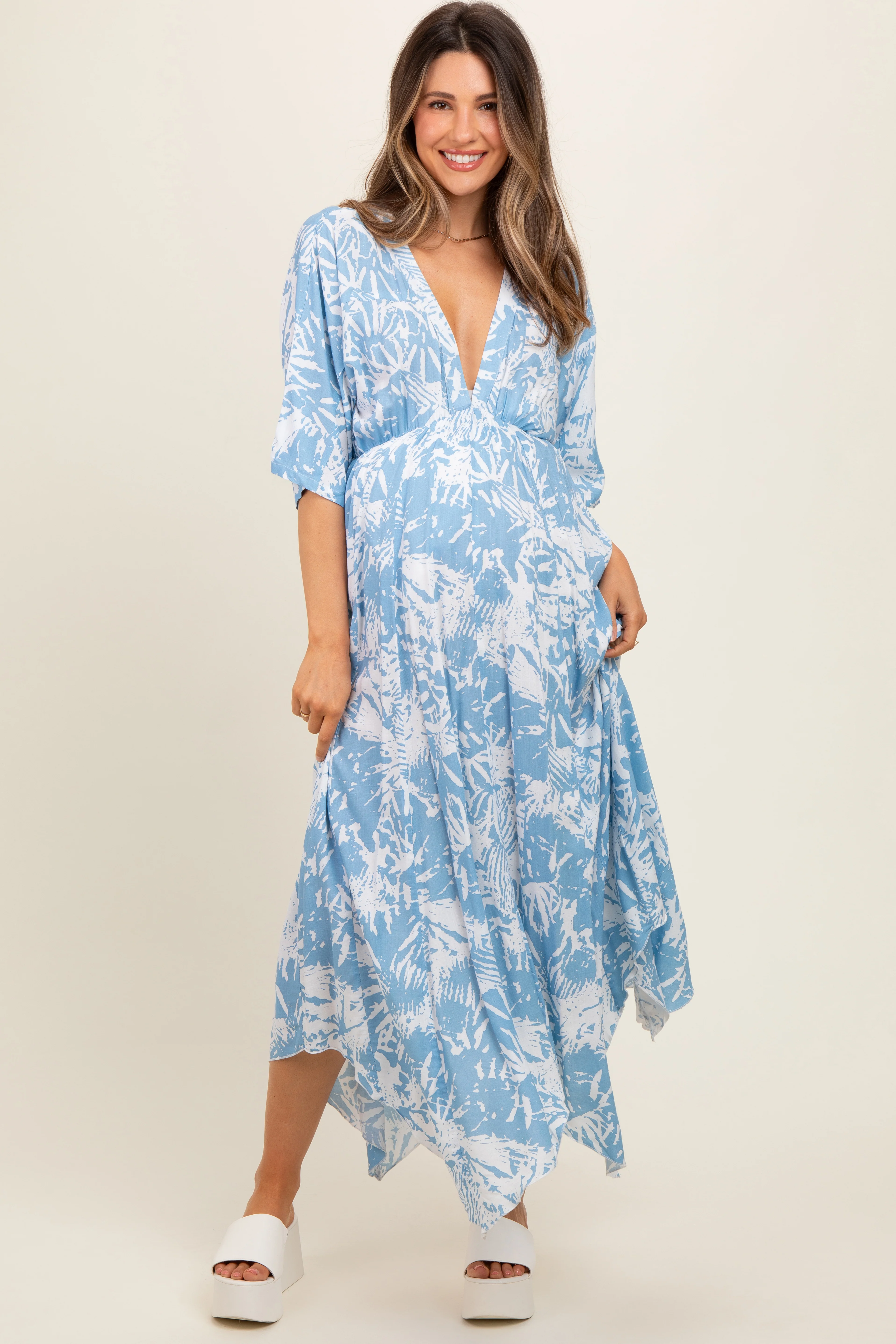 Blue Printed V-Neck Draped Maternity Maxi Dress - Image 2