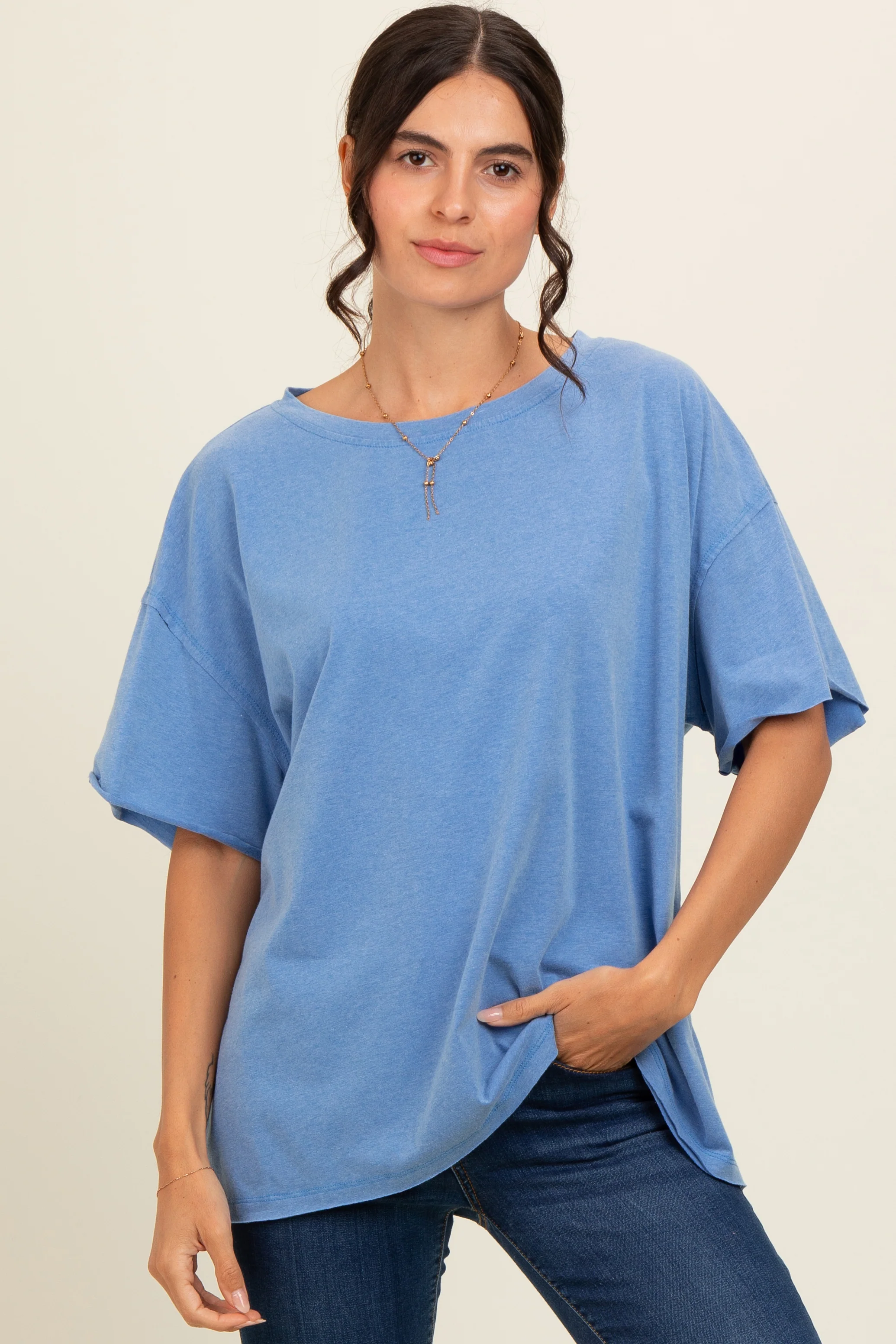 Blue Raw Rolled Hem Maternity Top - Image 5