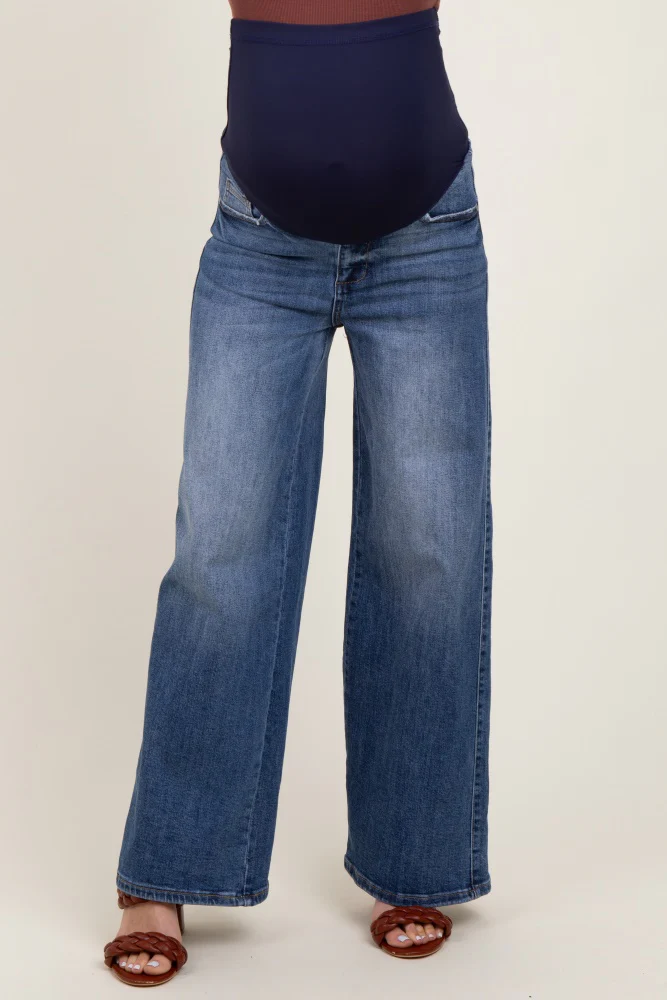 Blue Relaxed Wide Leg Maternity Jeans - Image 3