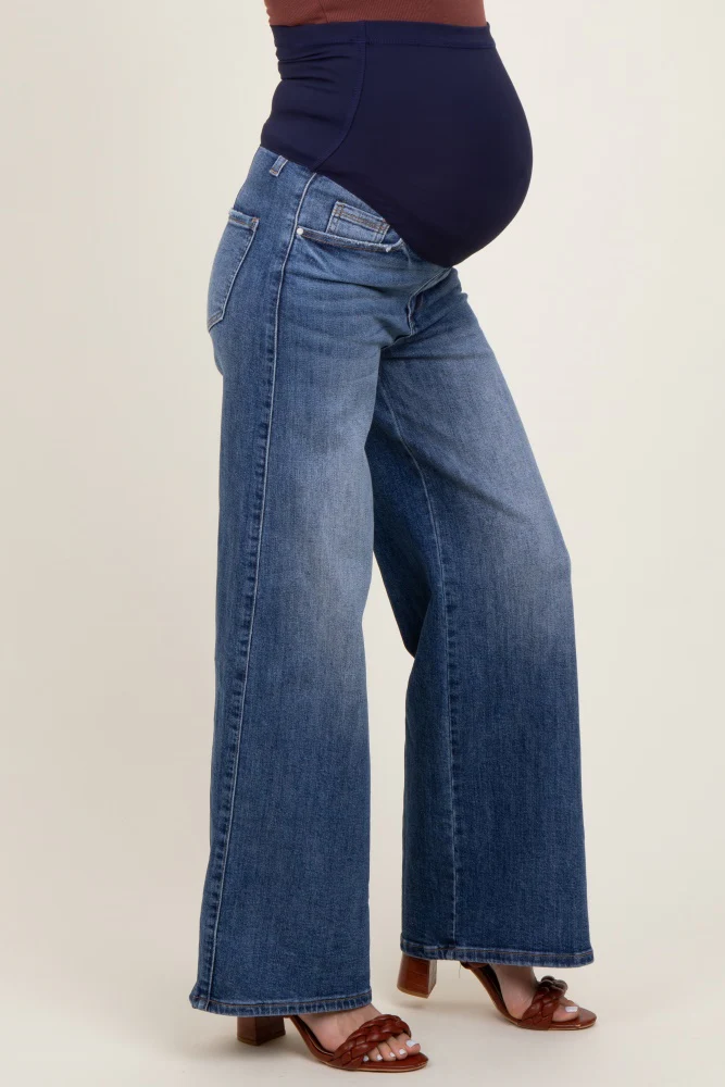 Blue Relaxed Wide Leg Maternity Jeans - Image 4
