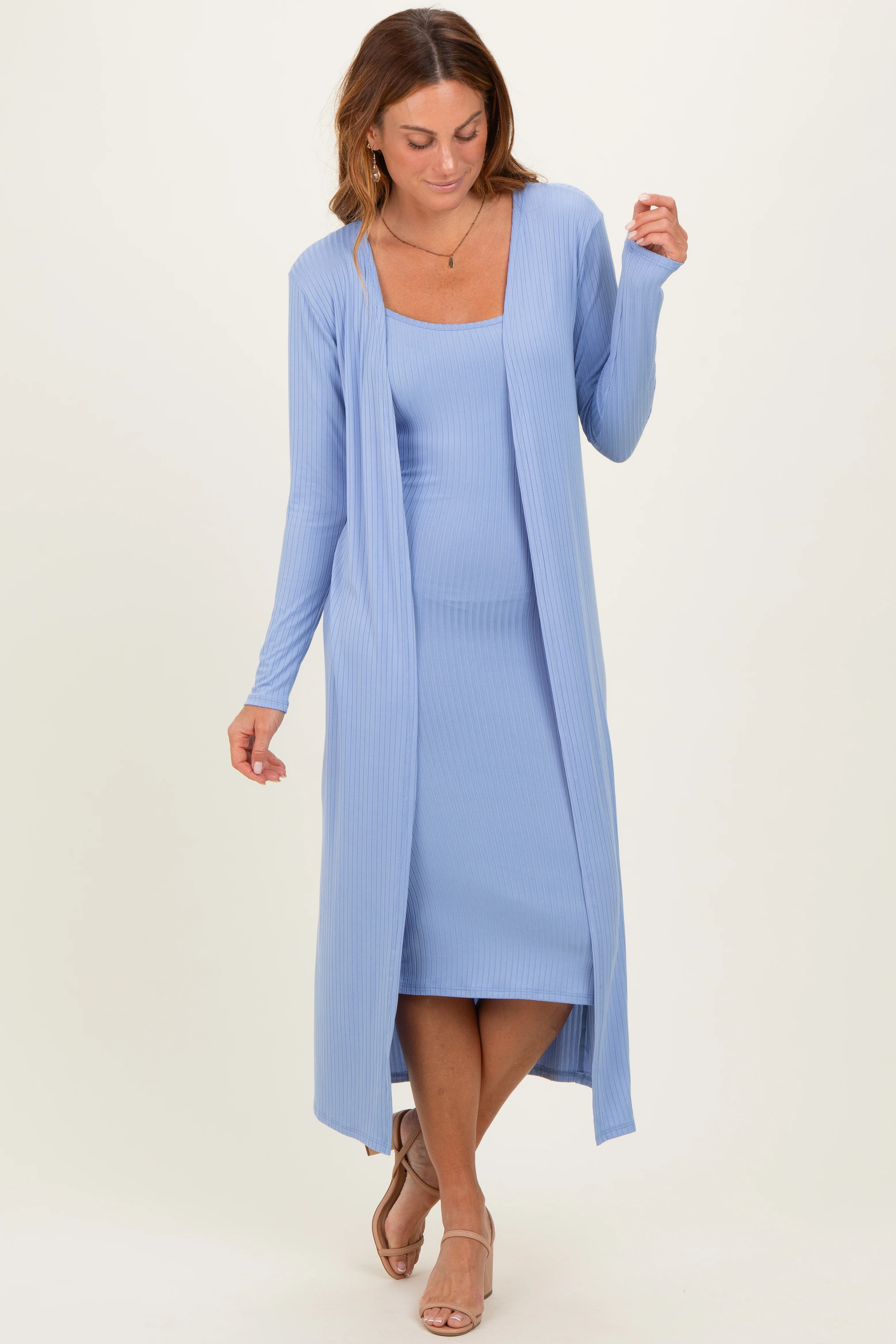 Blue Ribbed Cardigan 2 Piece Set - Image 2