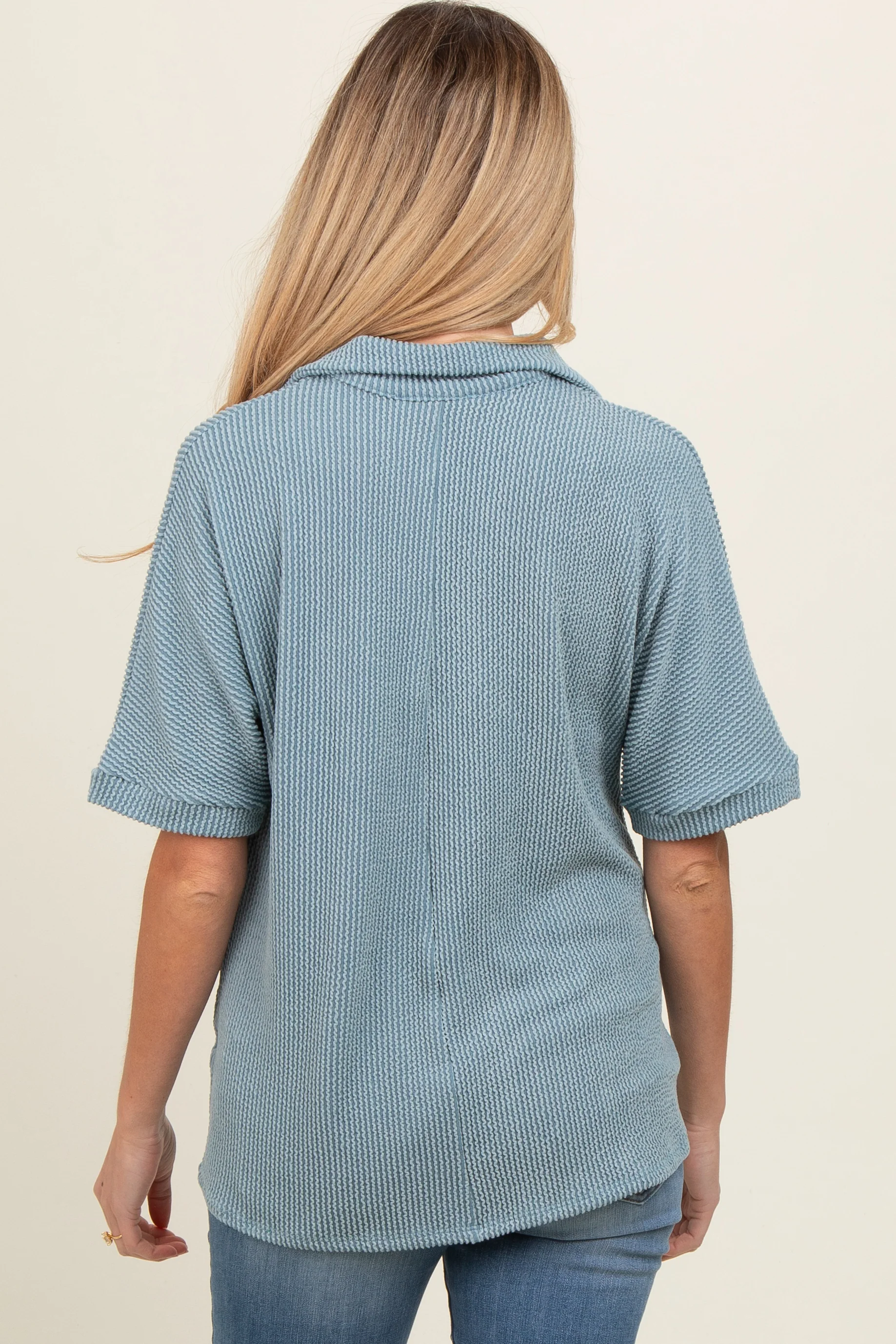 Blue Ribbed Collared Maternity Top - Image 4