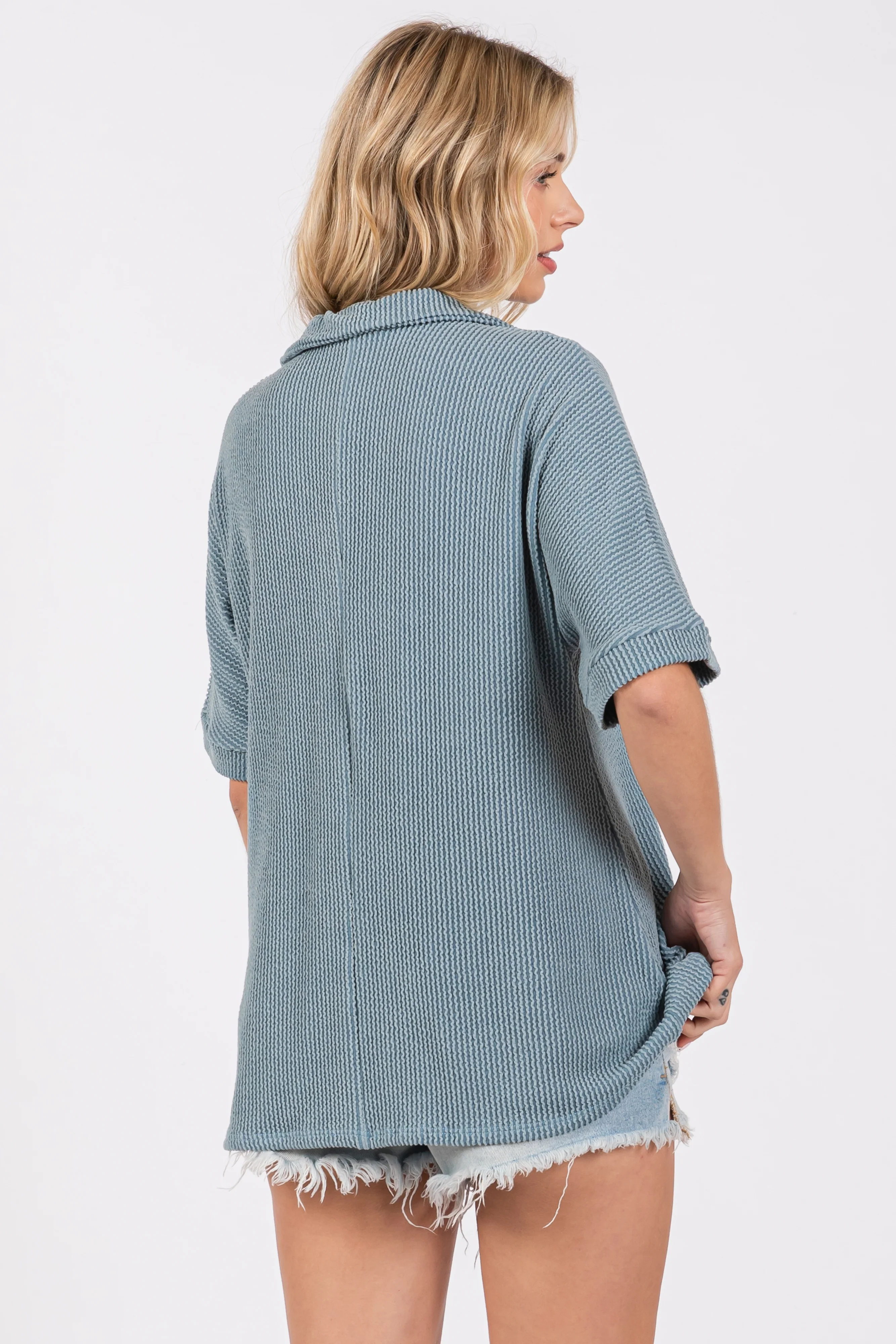 Blue Ribbed Collared Top - Image 3