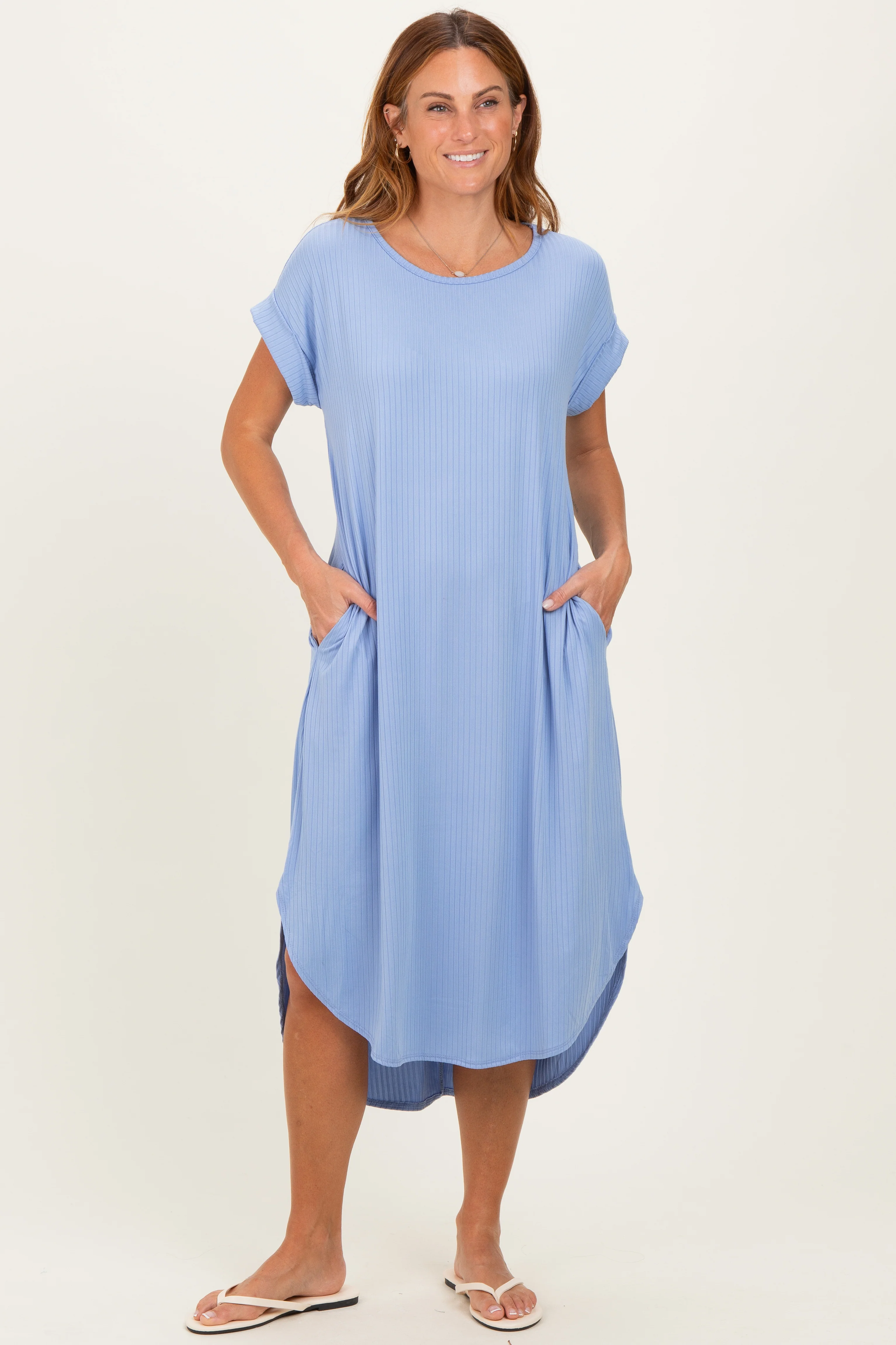 Blue Ribbed Curved Hem Maternity Midi Dress - Image 5