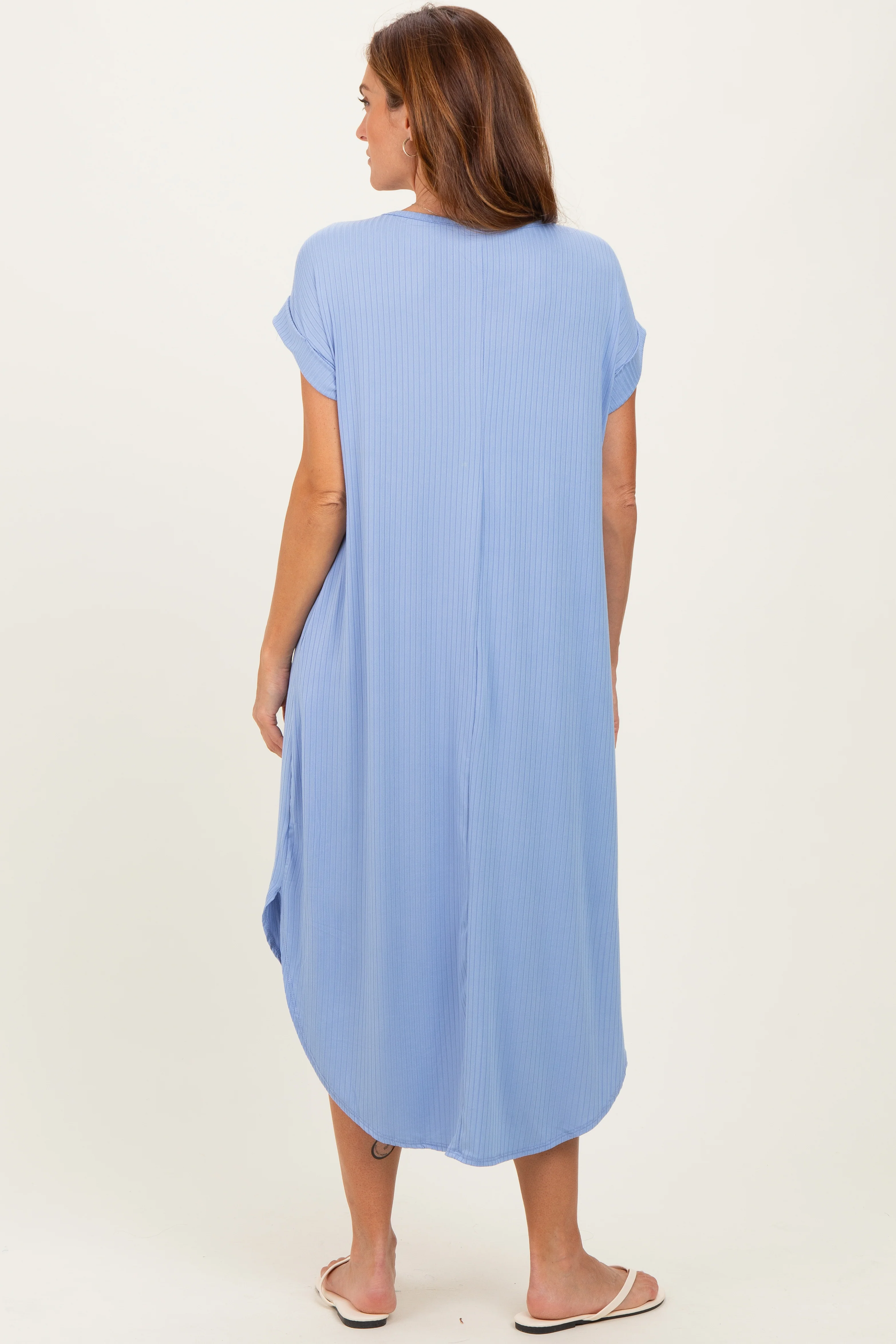 Blue Ribbed Curved Hem Midi Dress - Image 3