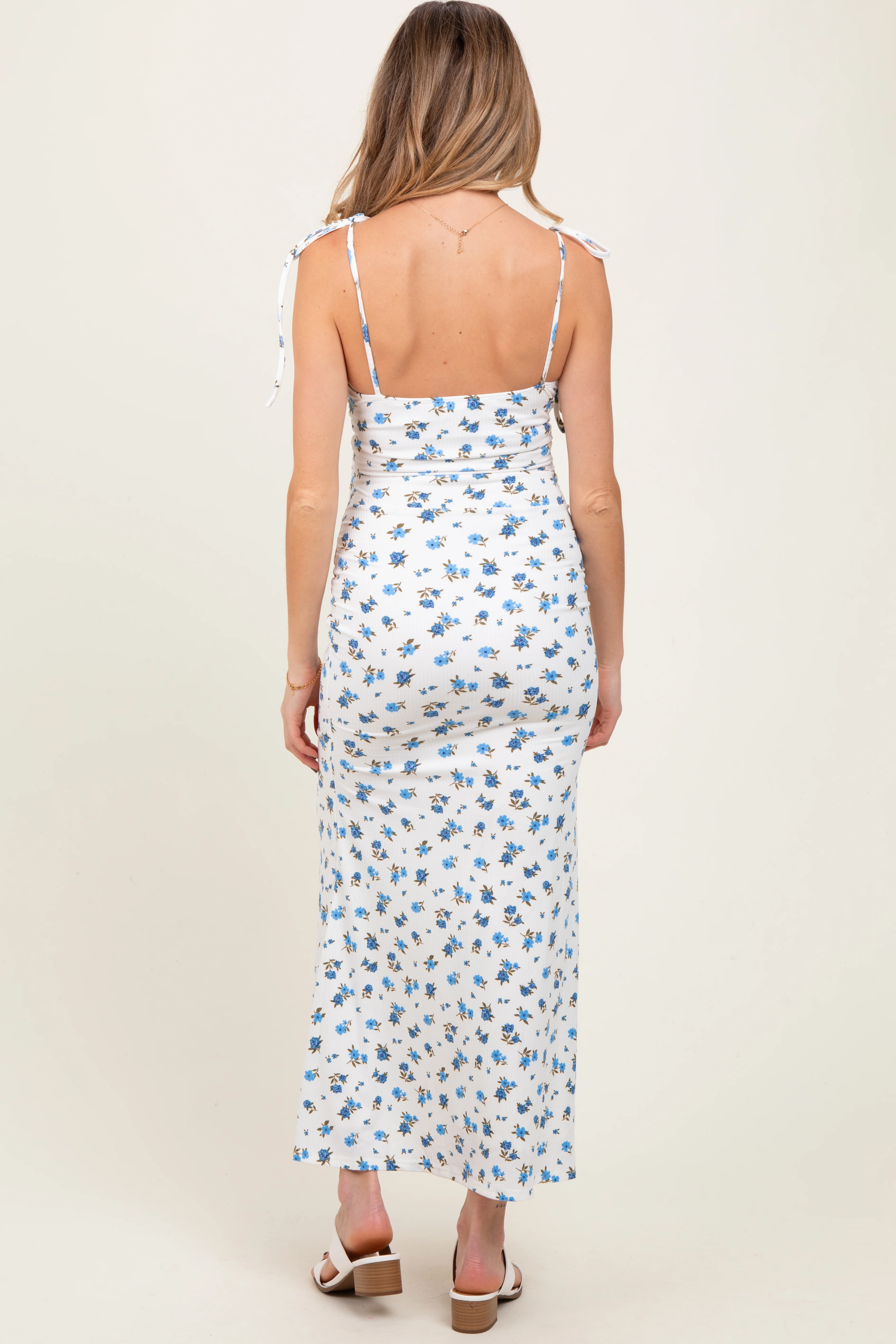 Blue Ribbed Floral Shoulder Tie Maternity Maxi Dress - Image 4