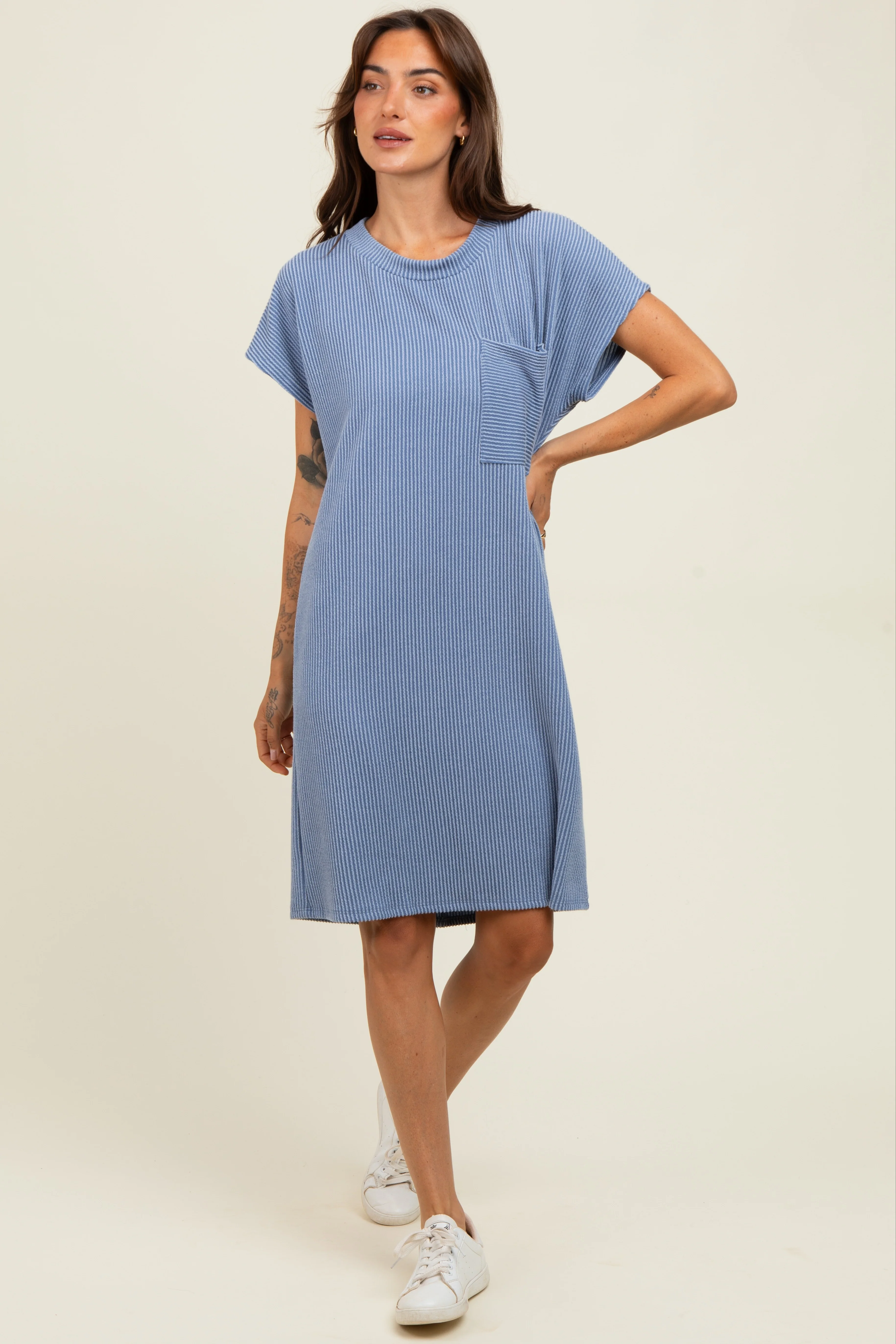 Blue Ribbed Front Pocket Dolman Short Sleeve Maternity Dress - Image 5