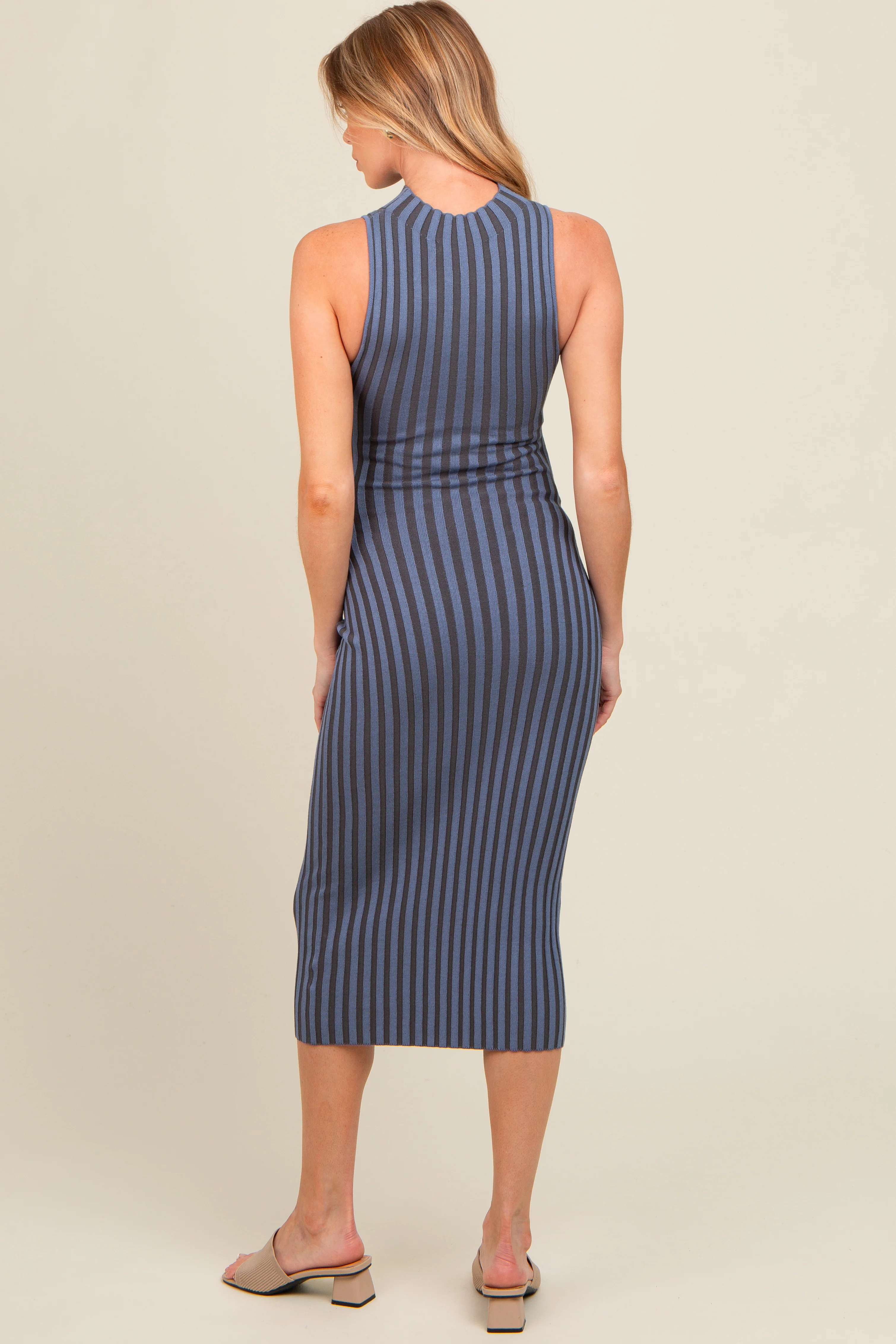 Blue Ribbed Knit Mock Neck Fitted Maternity Dress - Image 4