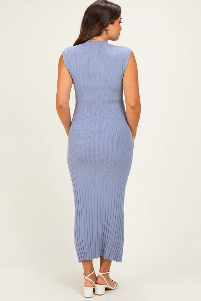 Blue Ribbed Knit Mock Neck Maternity Maxi Dress - Image 3