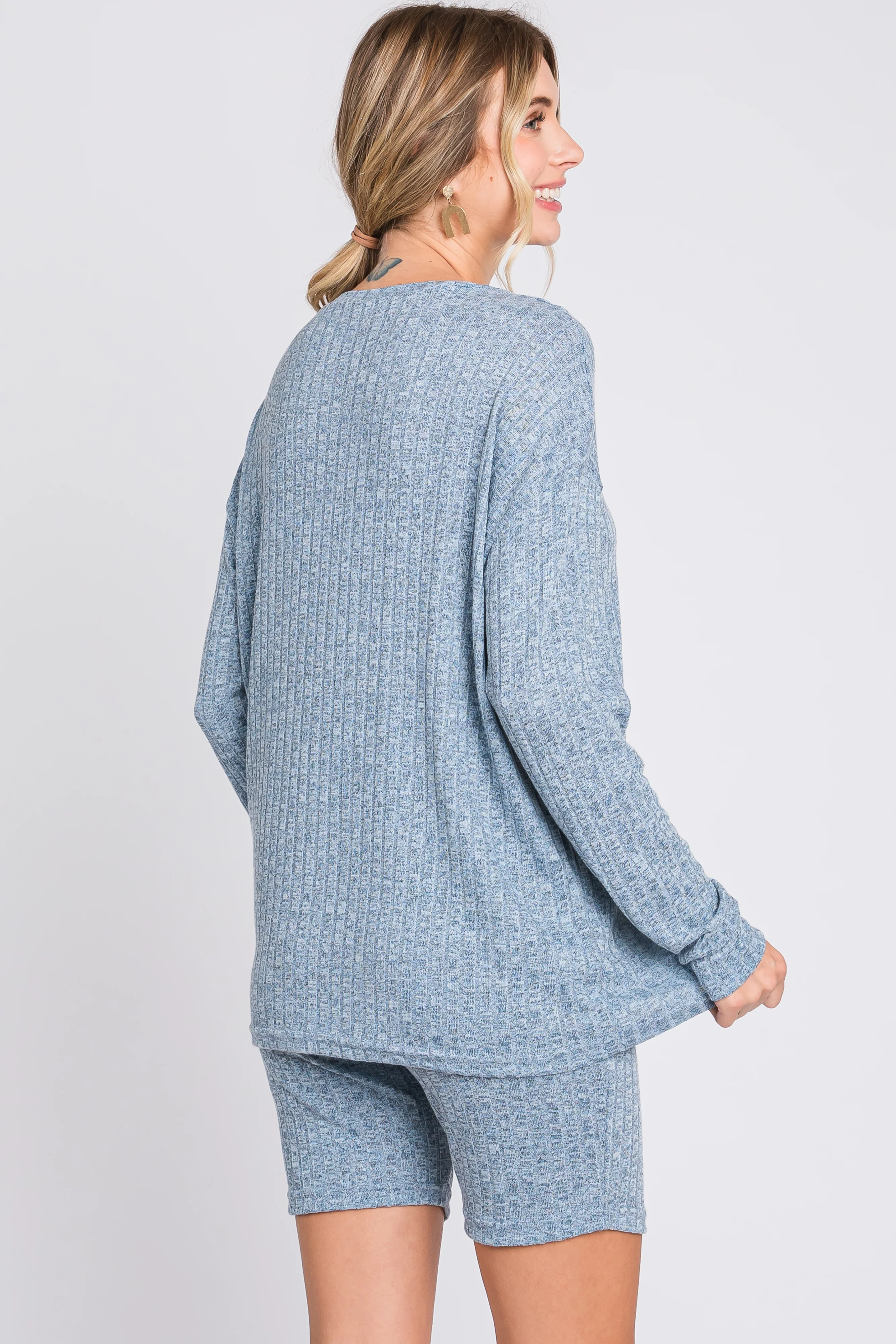 Blue Ribbed Long Sleeve Shorts Set - Image 3