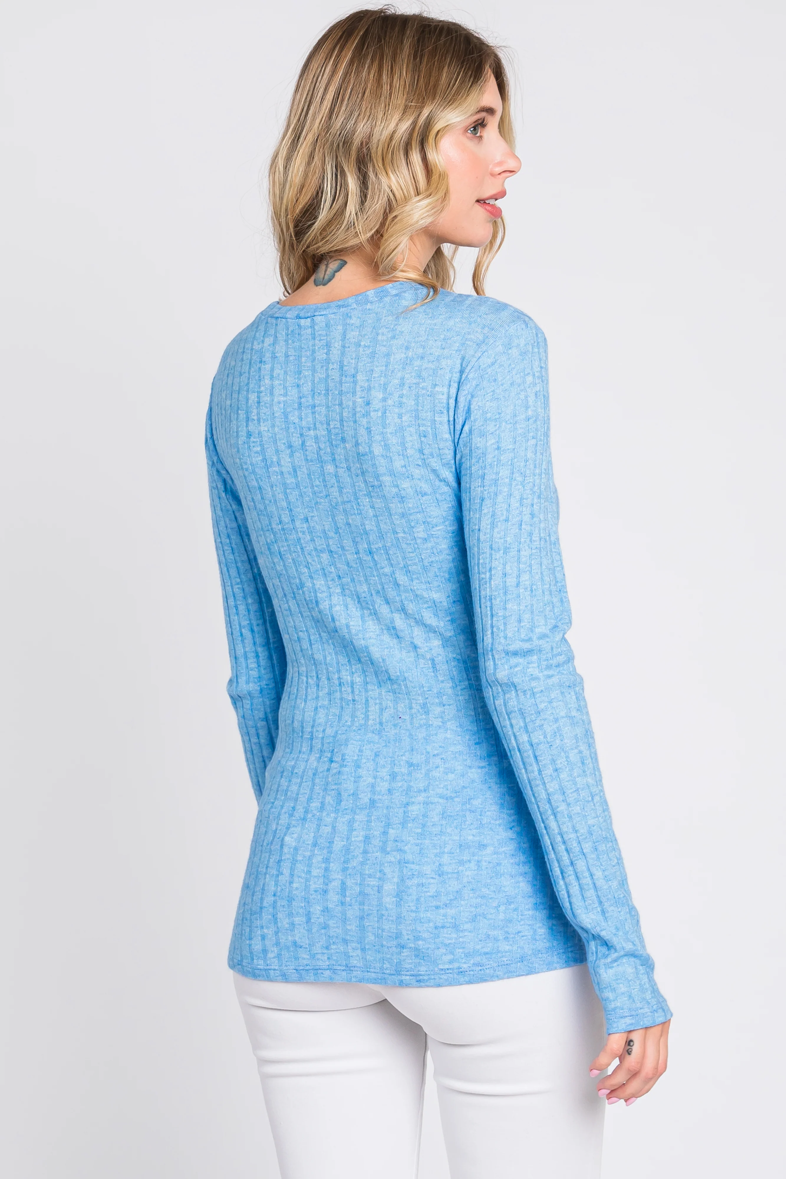 Blue Ribbed Long Sleeve Top - Image 4